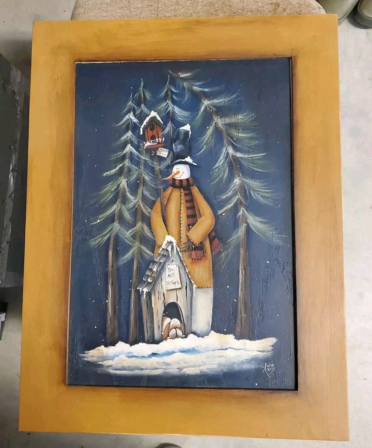 Primitive Style Handpainted Folk Art. Snowman & Dog on Wood. USA PNW