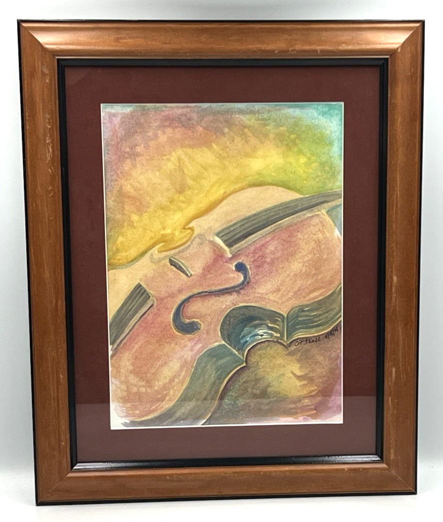 Original Watercolor Painting Cello Base Artist Signed Framed 16.5″ x 13.5″ 2014