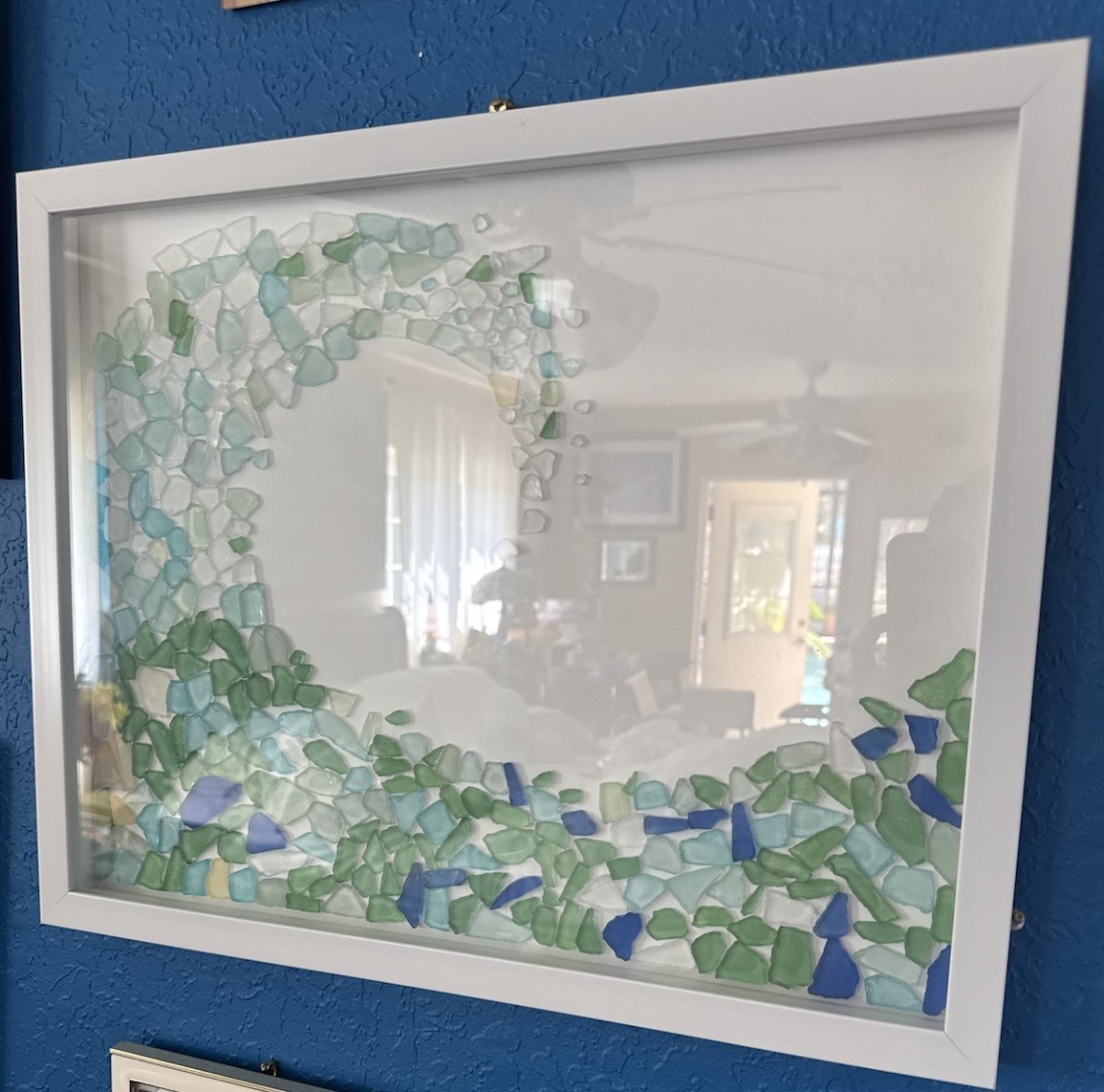 Abstract Painting Framed White Frame Green & Blue Glass Mosaic Wave Wall Art