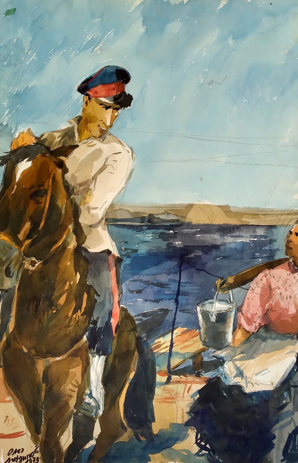 Watercolor Painting Soldier GirL Litvinov O Original Unframed Wall Hanging n1177