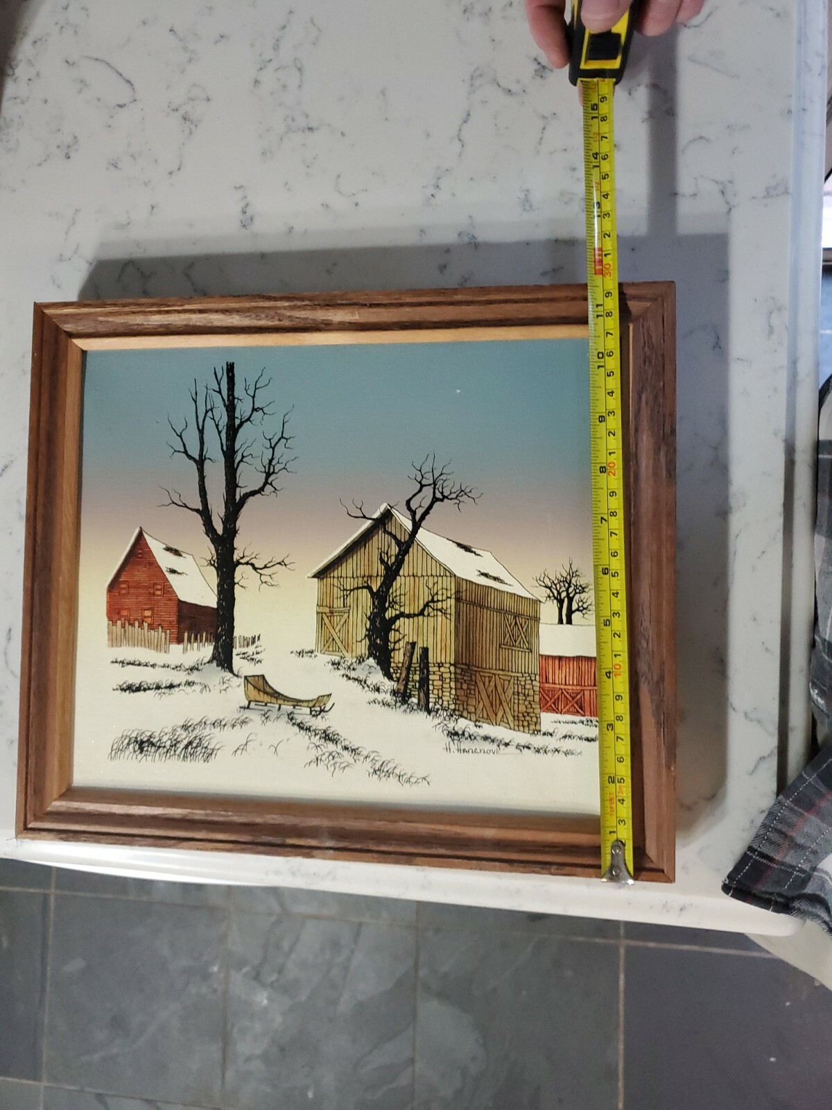 H. Hargrove Wood Framed Oil Painting Winter Snow Old Barn Sled Tree 12 x 10