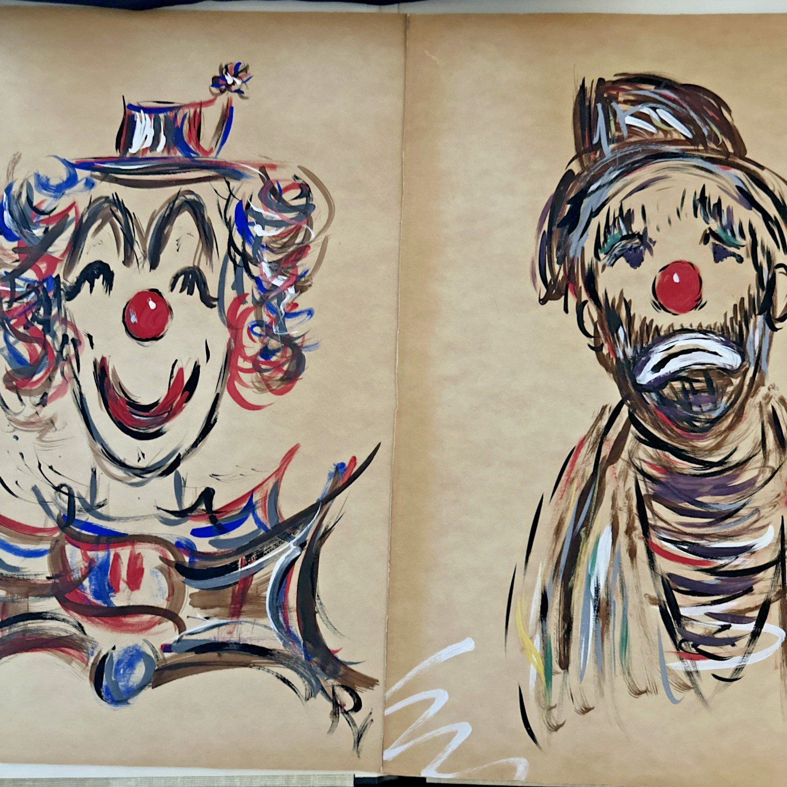 VTG 1950s Original Clown Art Clown Set Of 2 12×16