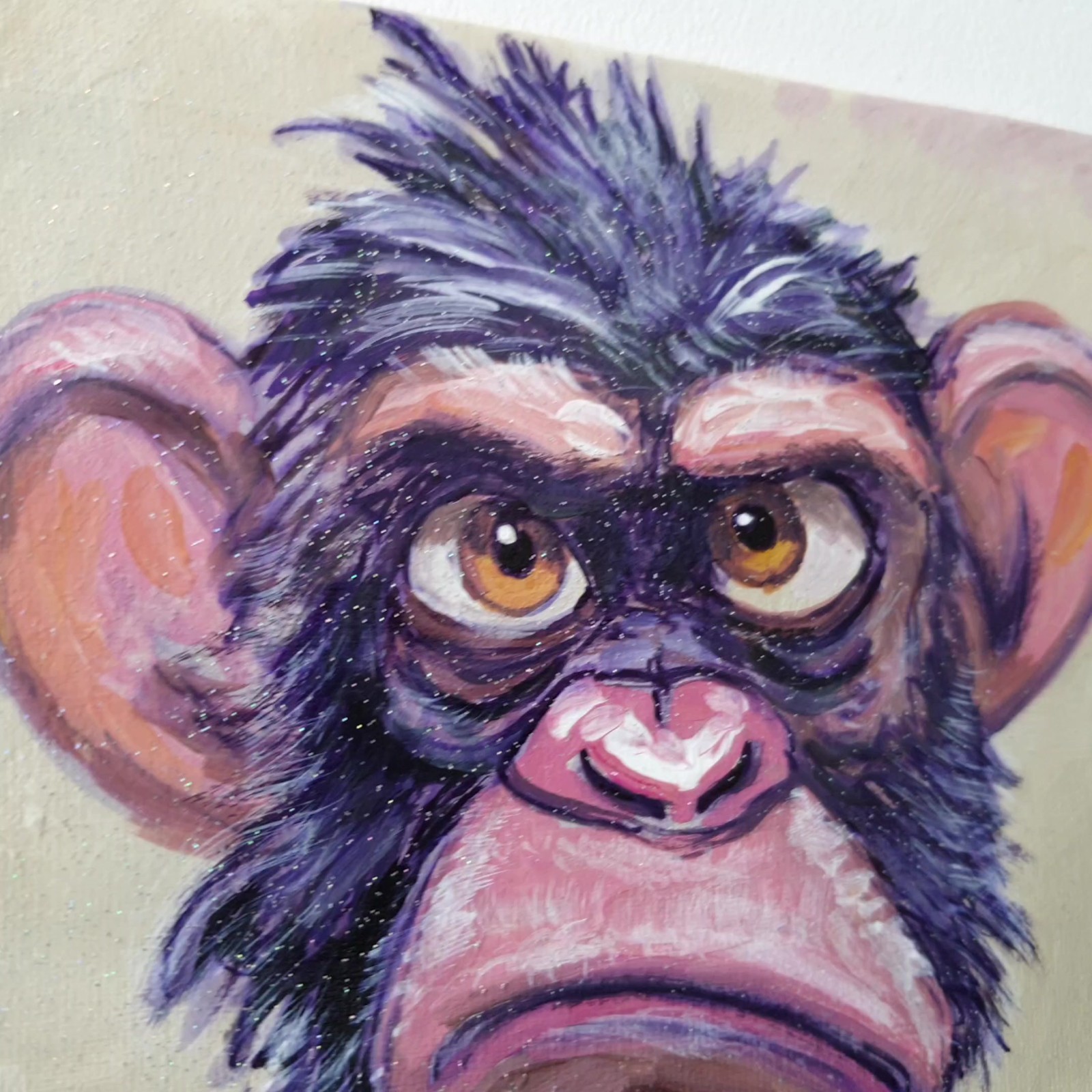 Original Acrylic Painting Funny Grumpy Chimp Monkey Portrait Small Hand Painted
