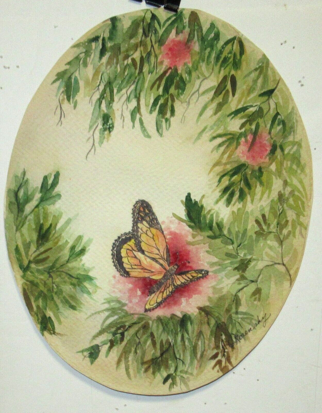 C. ROSENSKY PINK ROSE AND BUTTERFLY ORIGINAL WATERCOLOR OVAL PAINTING