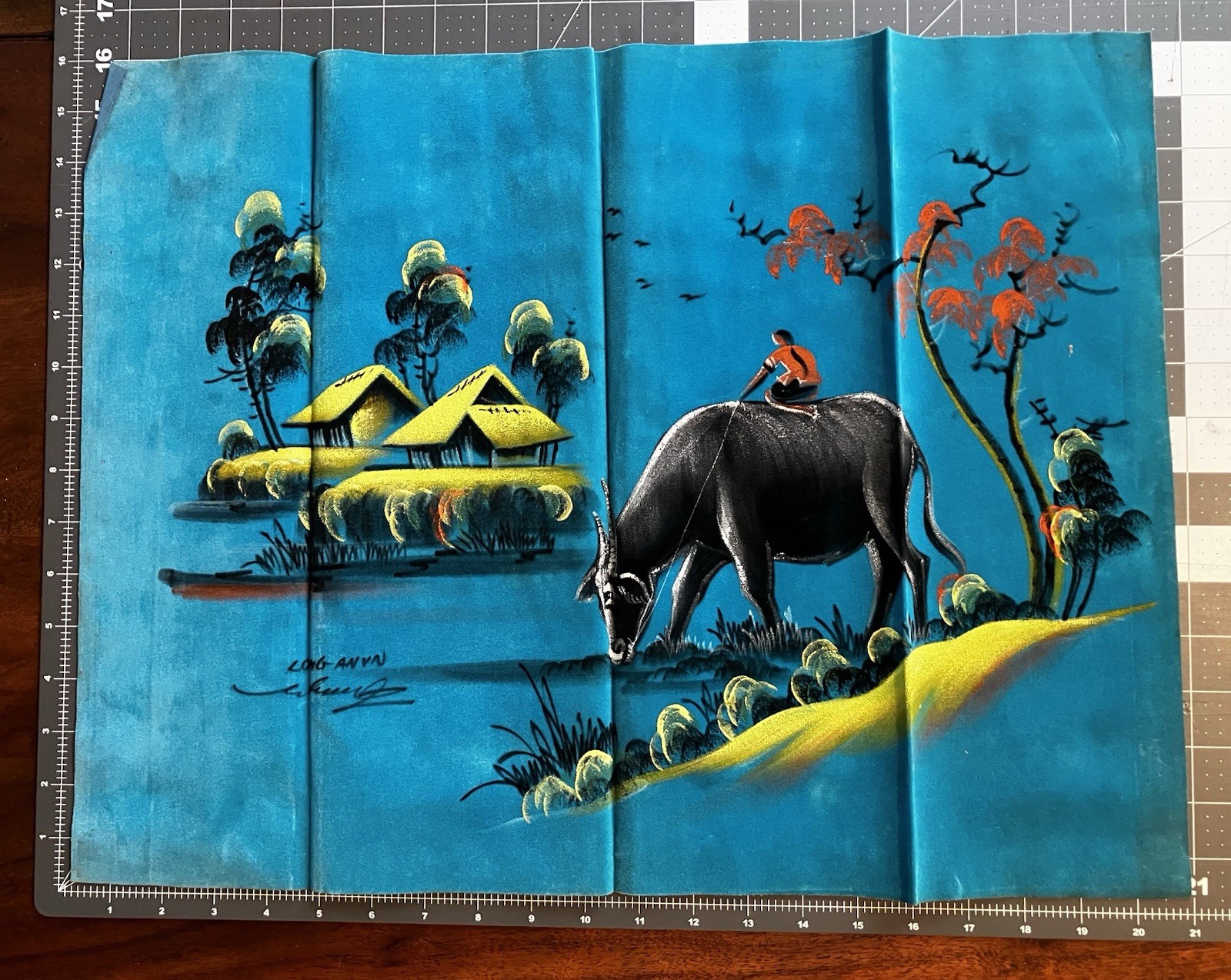 Vietnamese Blue Velvet Painting, Water Buffalo and Peaceful Lanscape, Long An VN