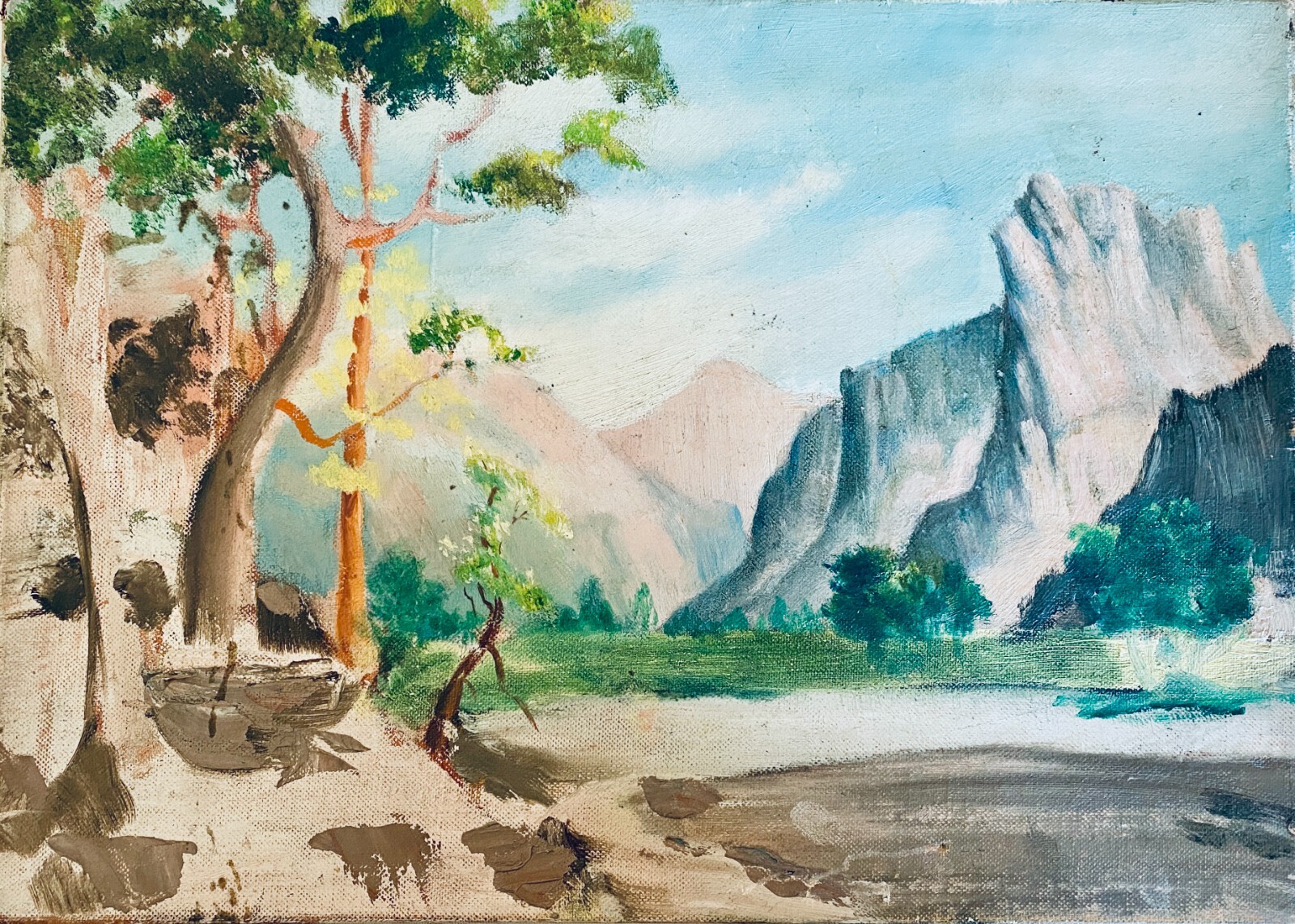 VTG Landscape Painting on Canvas Mountain Lake Trees Sky 14×10″ Yosemite Valley?