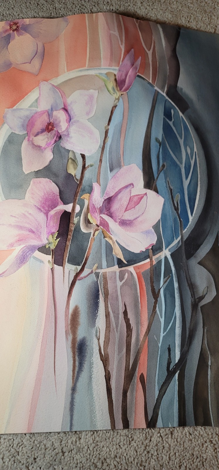 Large Original Watercolor Floral Painting Pink Magnolia Modern Botanical Art