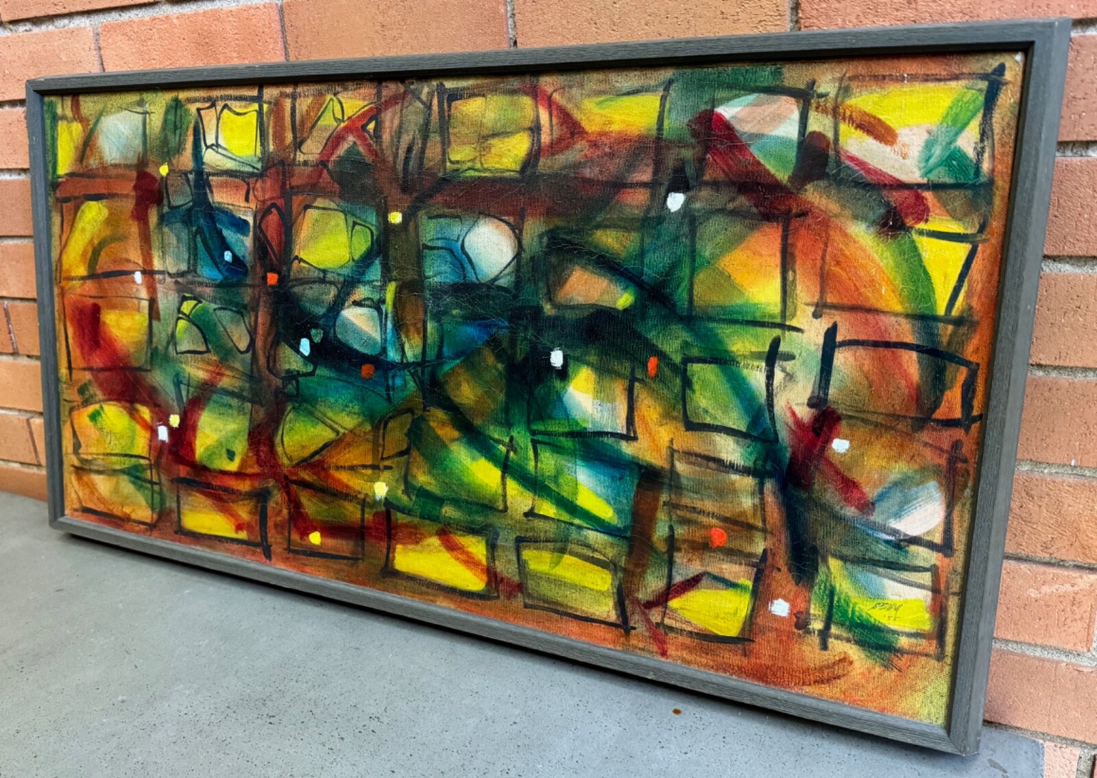 Vintage Abstract Shapes Oil Painting Mid Century MCM Modern Art 1950s Signed