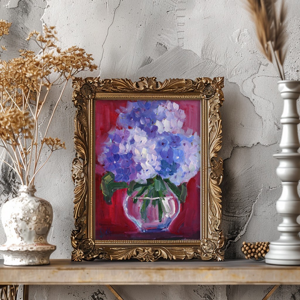 Hydrangea Oil Painting Small Flower Original Wall Art Floral Painting Home Decor