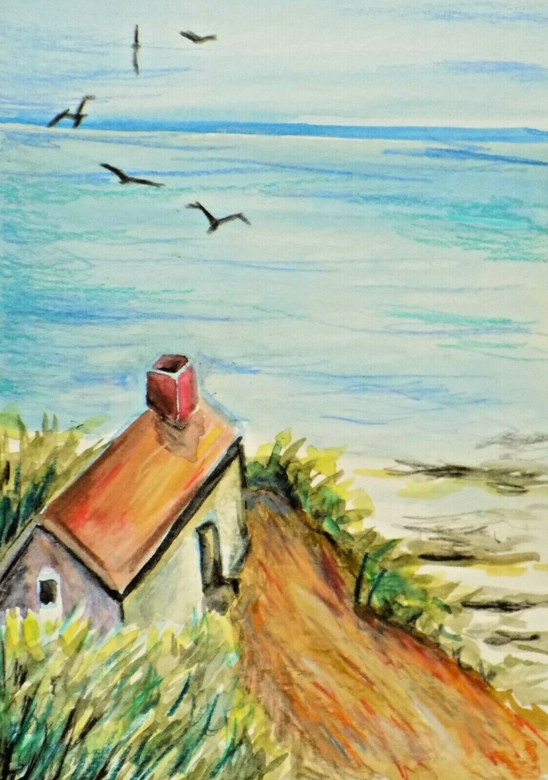 Art original painting beach house ocean seaside cottage paper mixed media