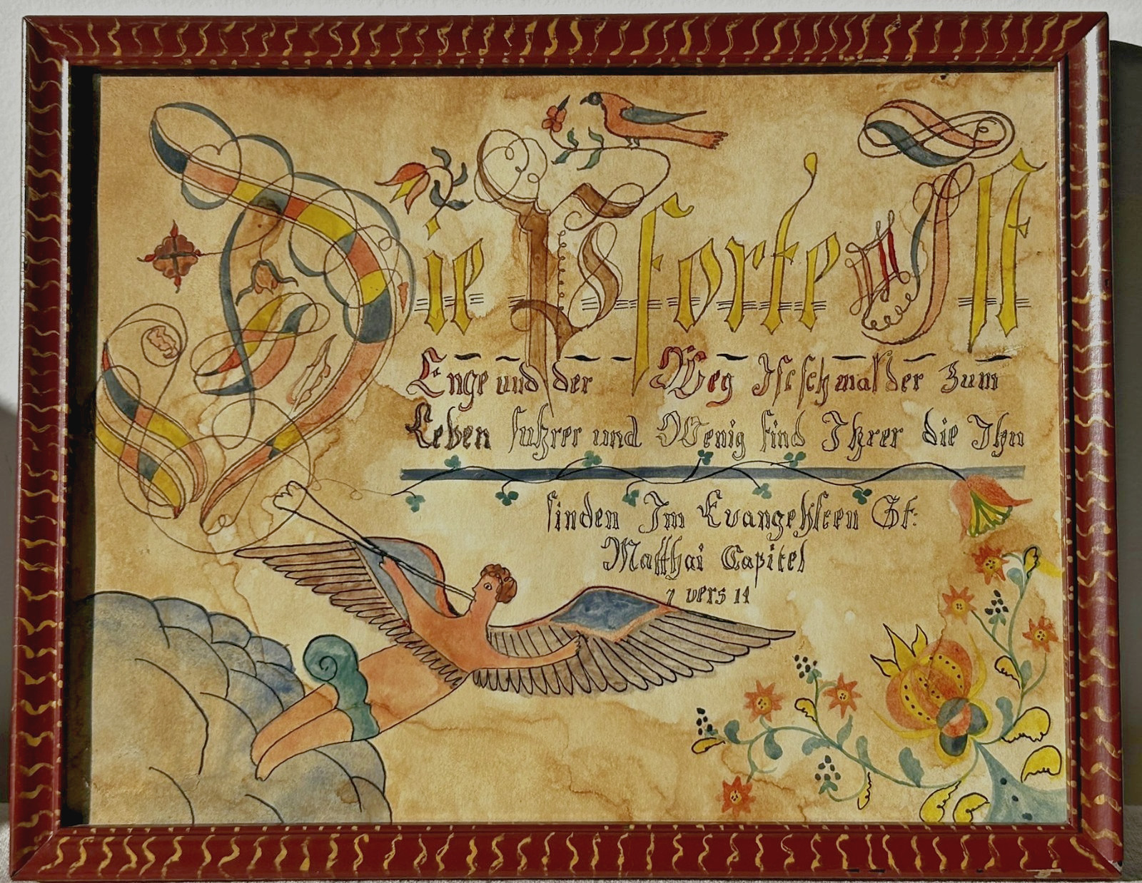 Vtg Gina M. Hosfeld Pennsylvania Folk Art Watercolor Fraktur Framed 12’’x9.5’’