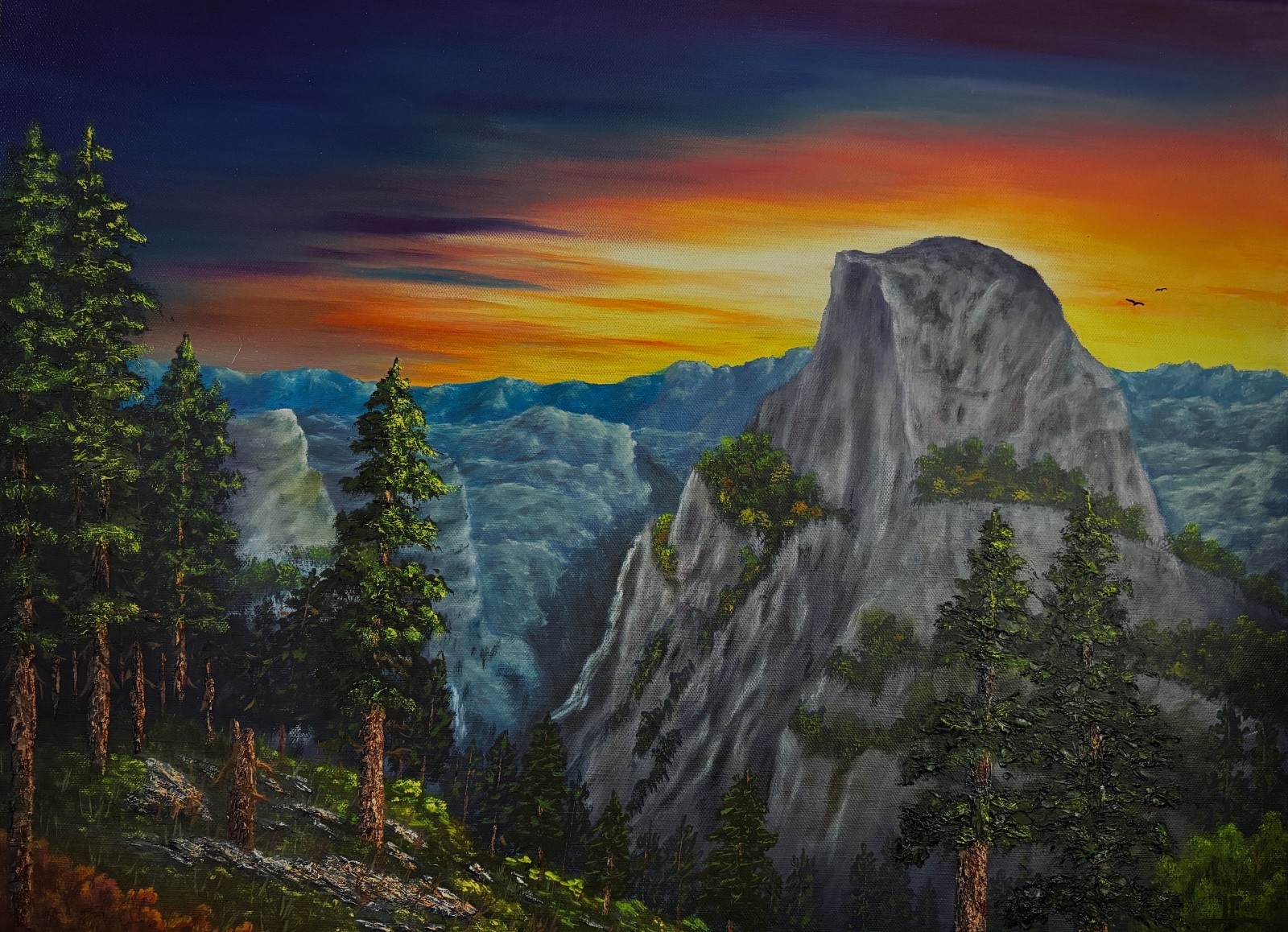Half Dome at Yosemite NP. Original Landscape Oil Painting on 24 x 18 Canvas.