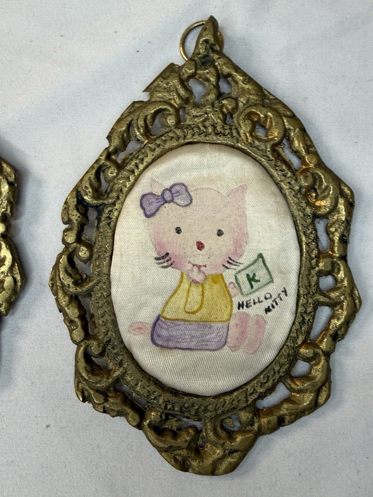 Vintage Hello Kitty Hand-Panted In Silk Fabric On Ornate Brass Frames
