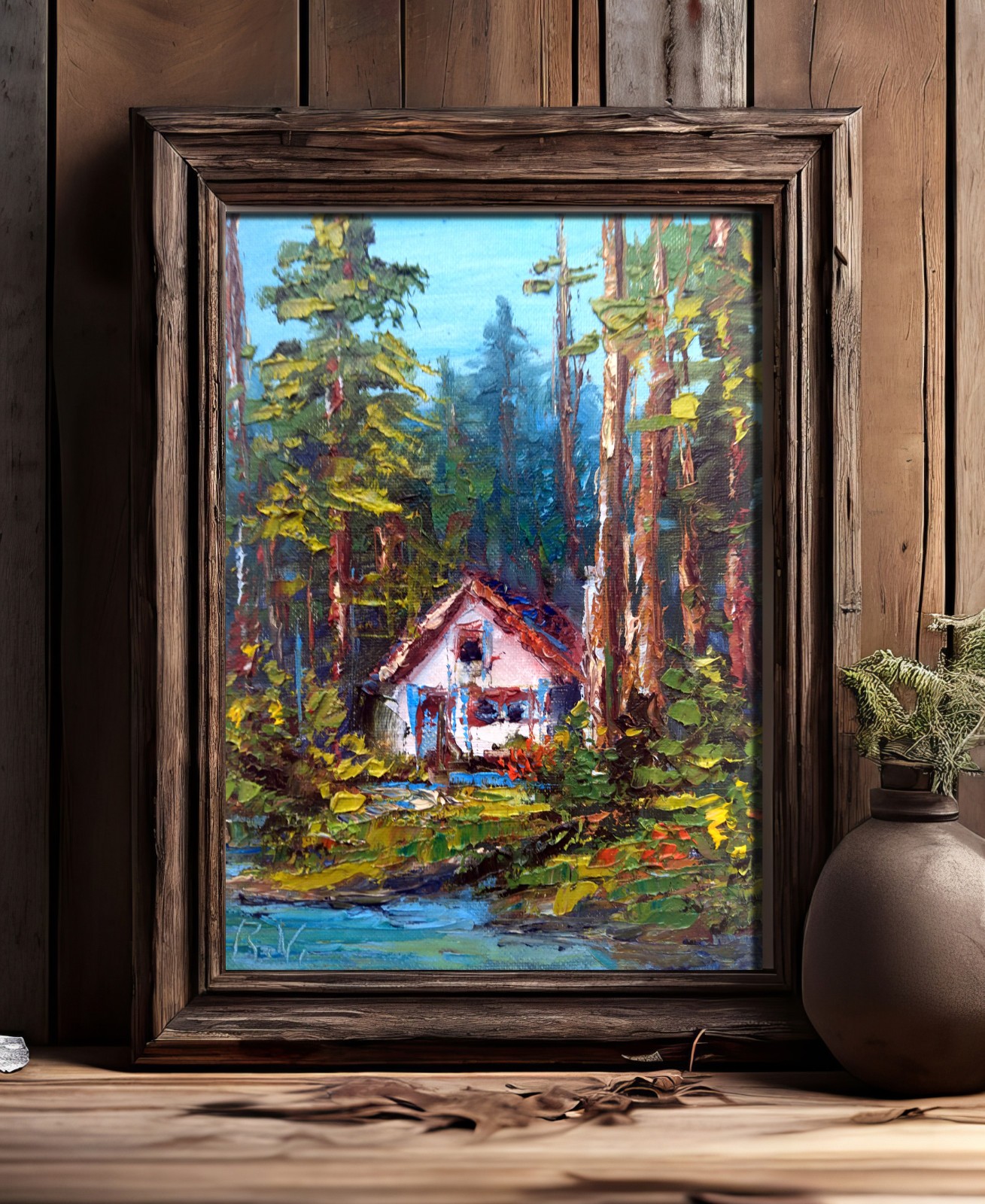 Pine Tree Forest Hidden House 7×9″ Mount Rainier National Park Oil Painting