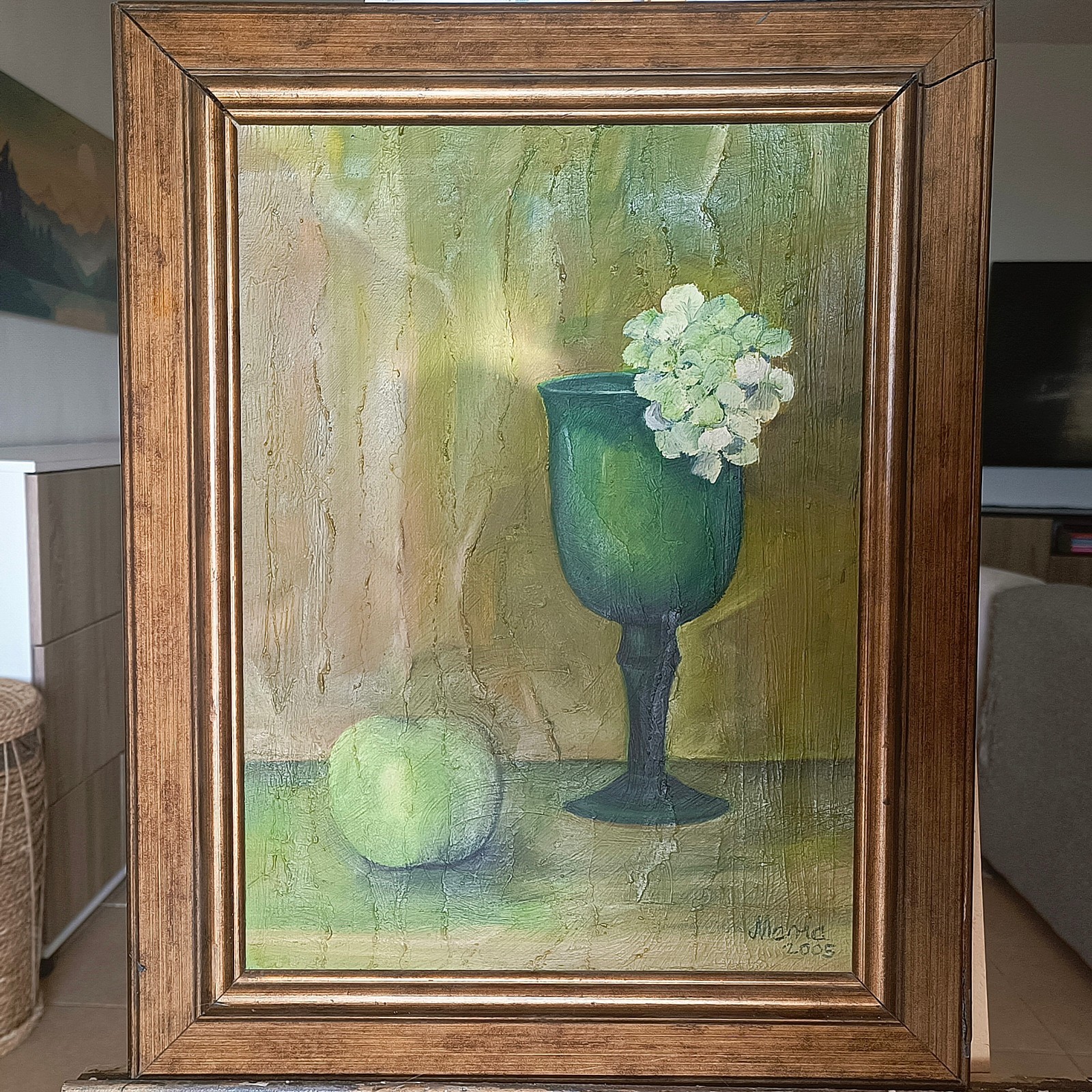 Vintage 2005 Still Life Oil Painting 20×16 Green Goblet & Apple Signed Framed