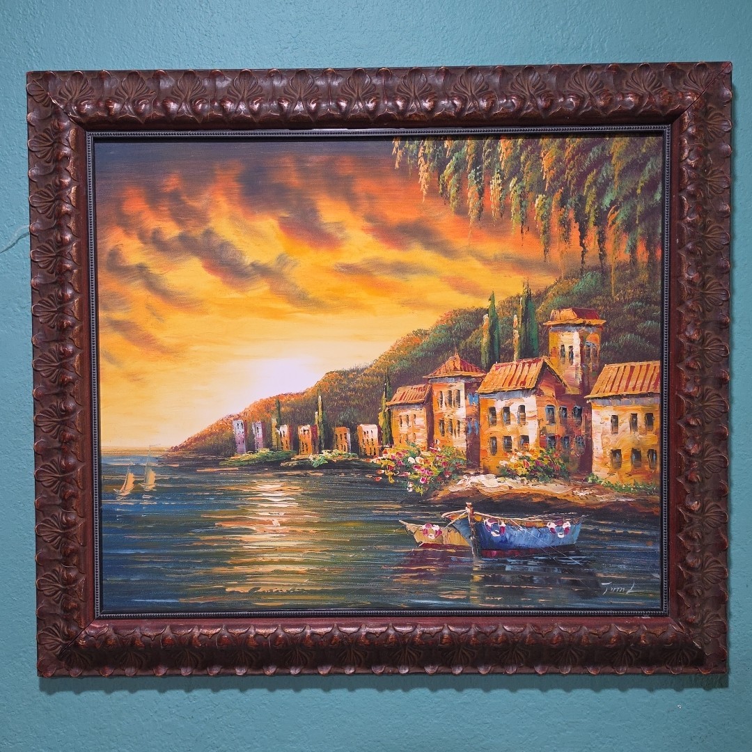 Vtg Original Painting Oil Or Acrylic On Canvas Ocean Coastal Town Village Signed
