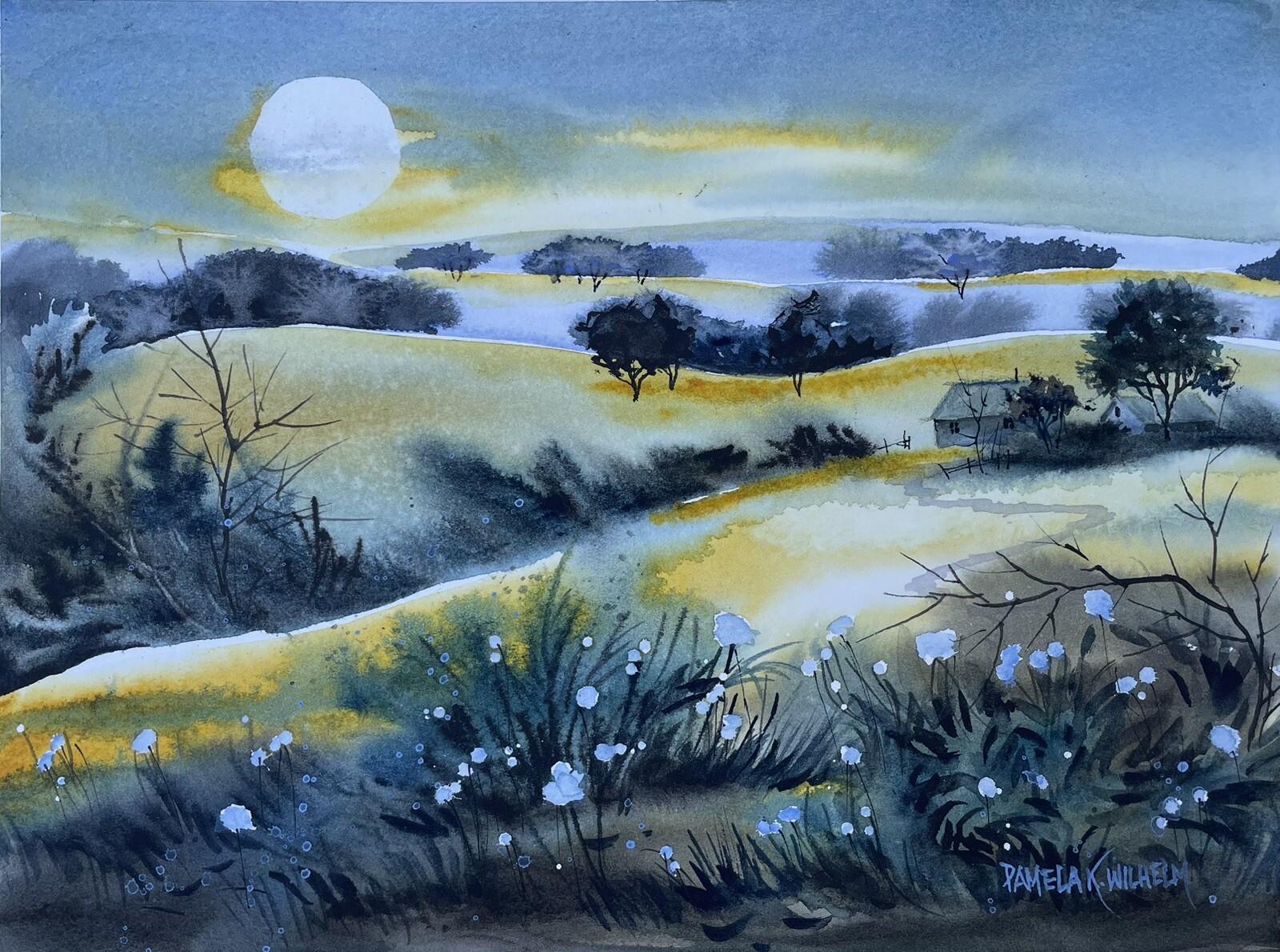7X10” Original Watercolor Pamela Wilhelm Morning Light Hill Country Homestead
