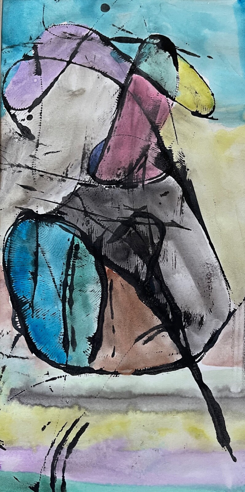 Vintage Framed Abstract Shapes Figures Watercolor Painting Modern Wall Hanging
