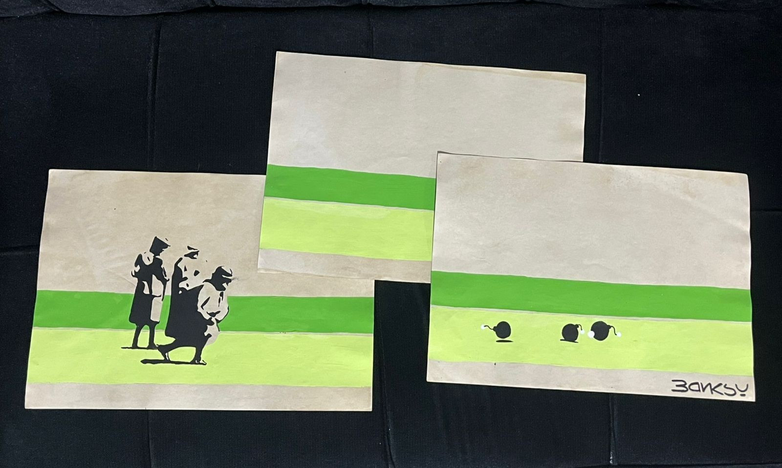 BANKSY 3 items painting on old paper signed and stamped