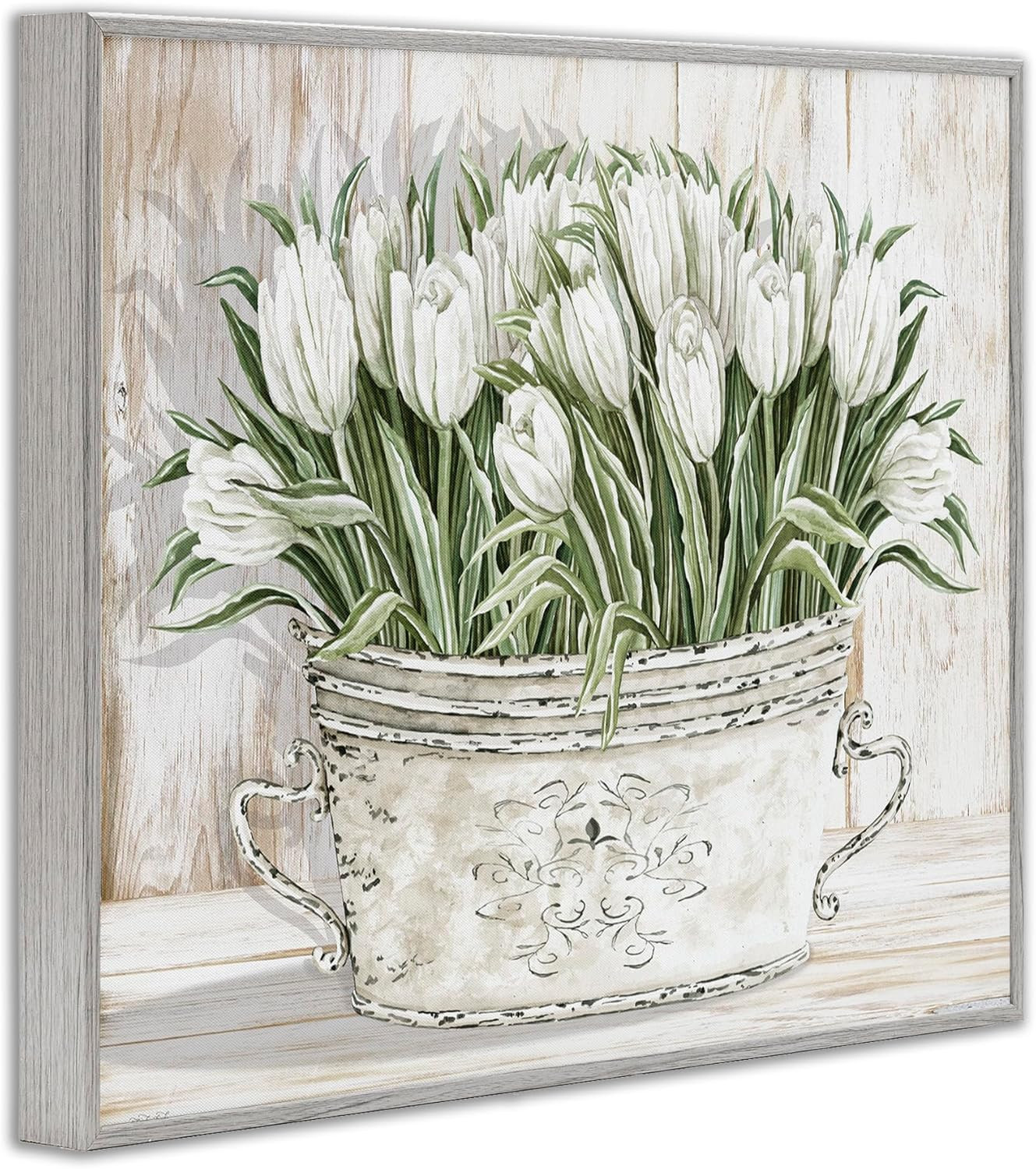 White Tulip Flowers Fresh Vintage Country Tin Painting Framed Wall Art, Design b