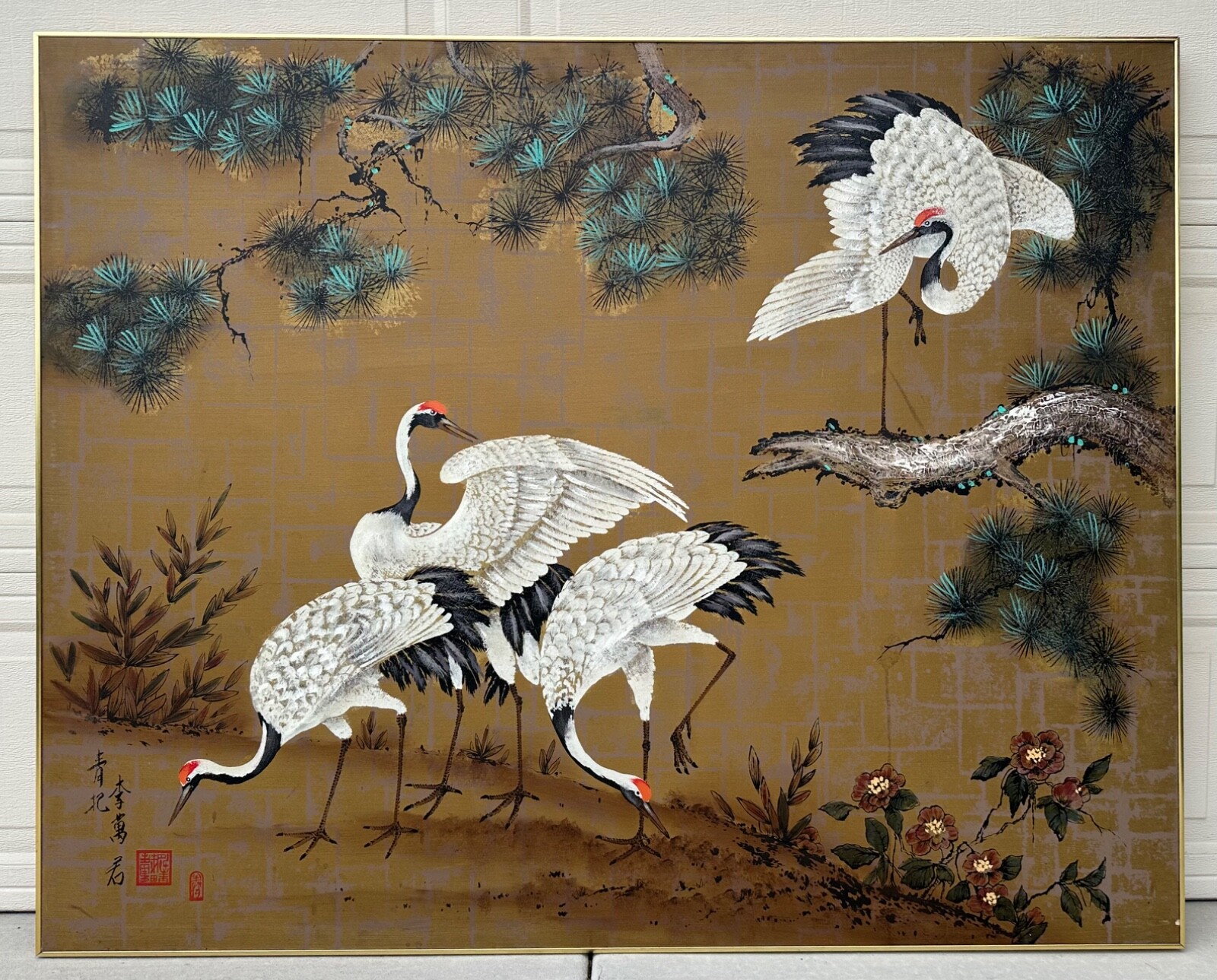 Huge Eastern Oil Painting 4 Red Crowned Cranes Asian on Canvas Framed