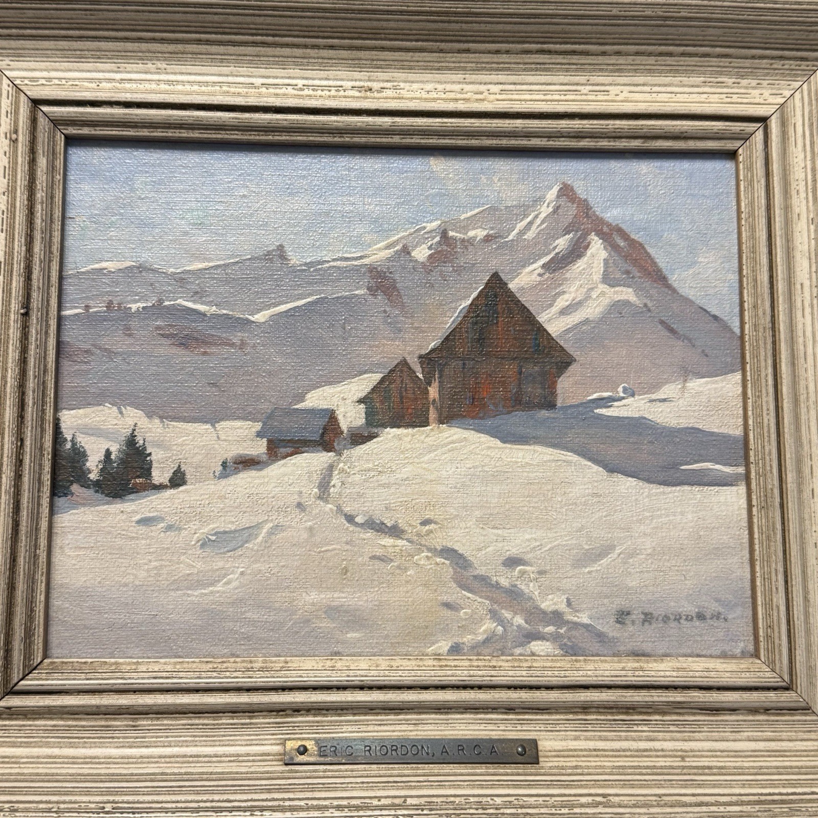 Original Eric Riordon Oil On Panel Snow Scene 8 x 6” Framed