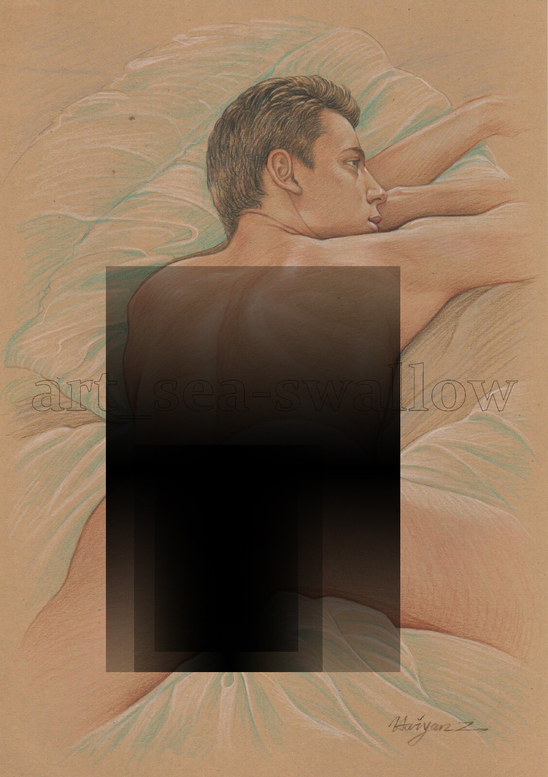 Original drawing A4 Art Colored Pencil painting male model on kraft paper 080