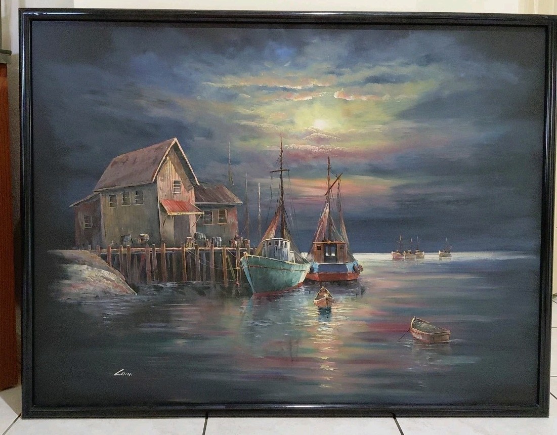 Vintage Original LUINI FISHING BOATS AT DOCK OIL ON CANVAS PAINTING