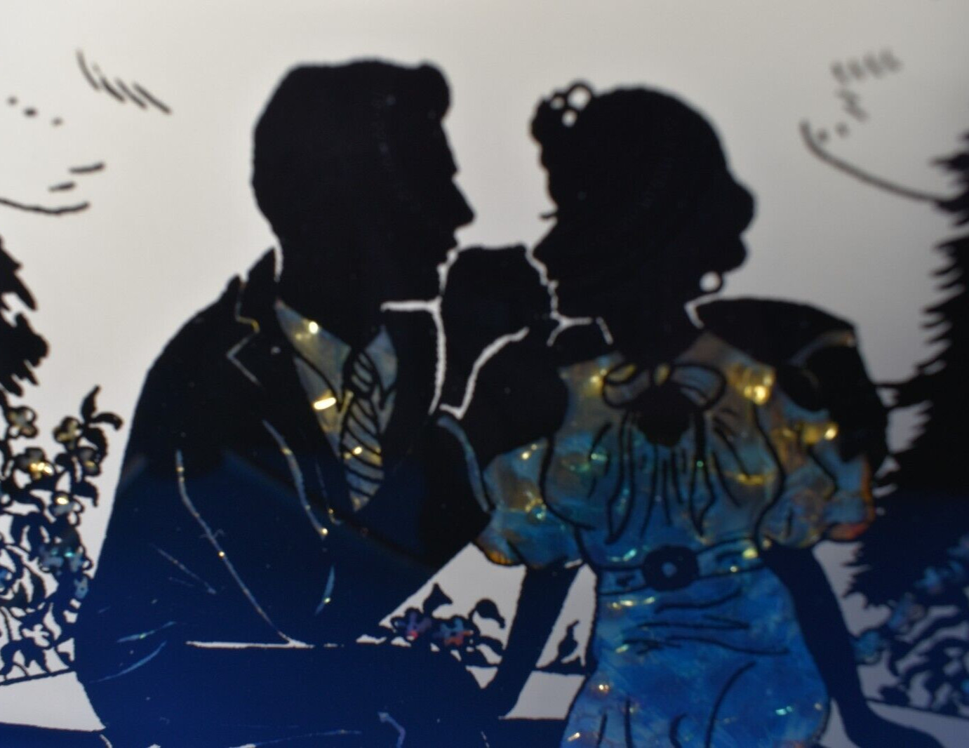 «LOVERS», 9″x7″ VTG Reverse Painted on Glass Colored Metalic Foil Picture