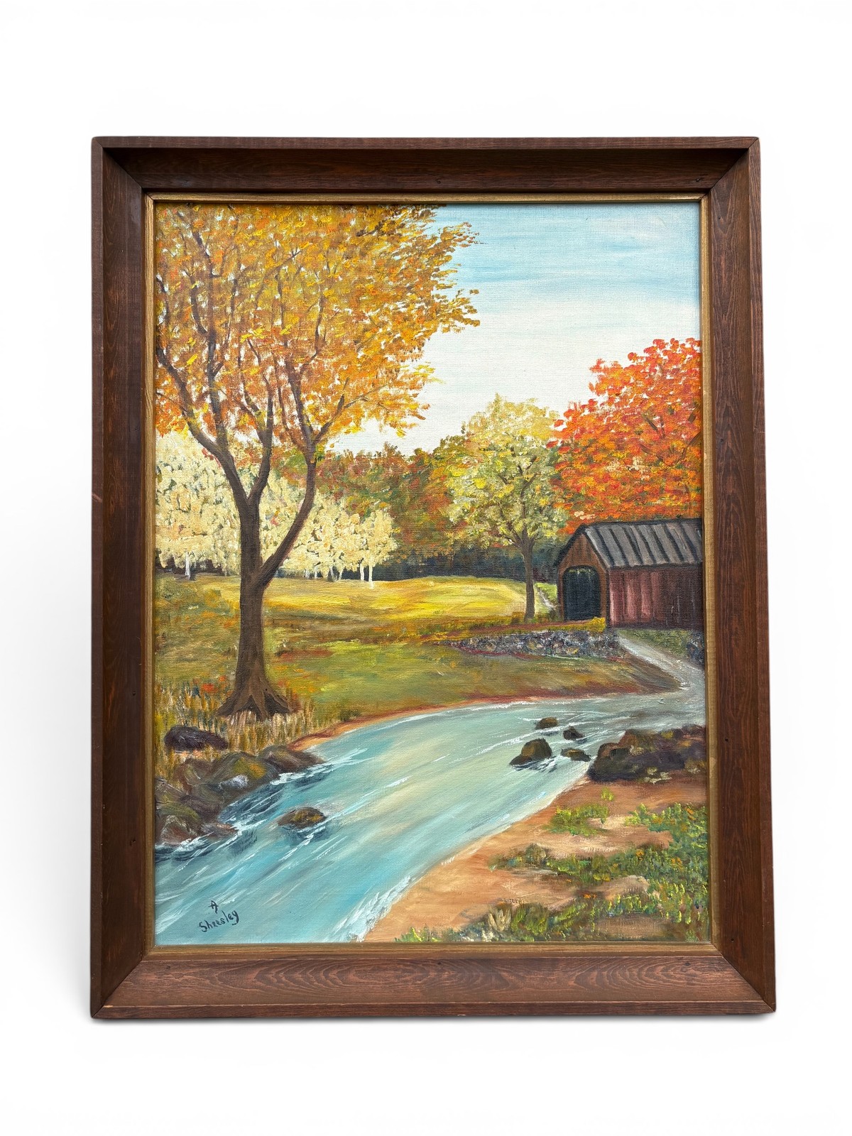 Vintage Covered Bridge Autumn Landscape Painting Signed Framed Cottage Country