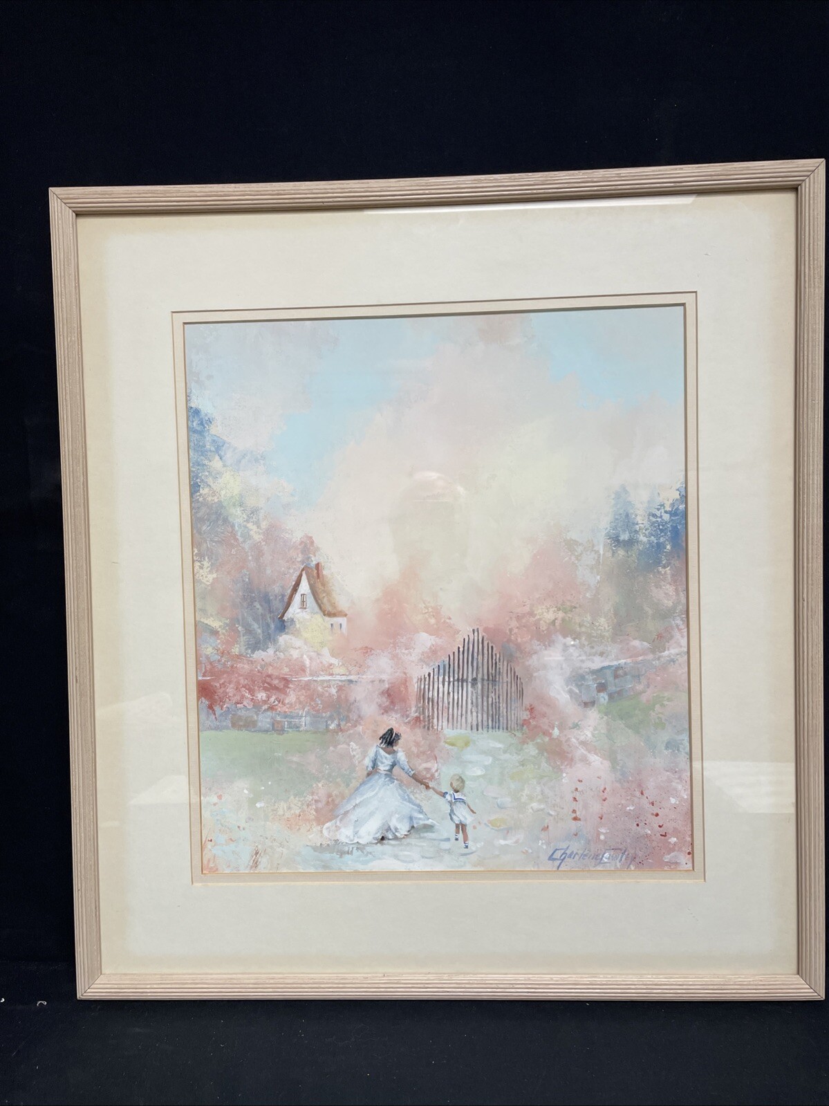 Charlene Cawley Original Signed Watercolor Painting, Children On Garden Path.