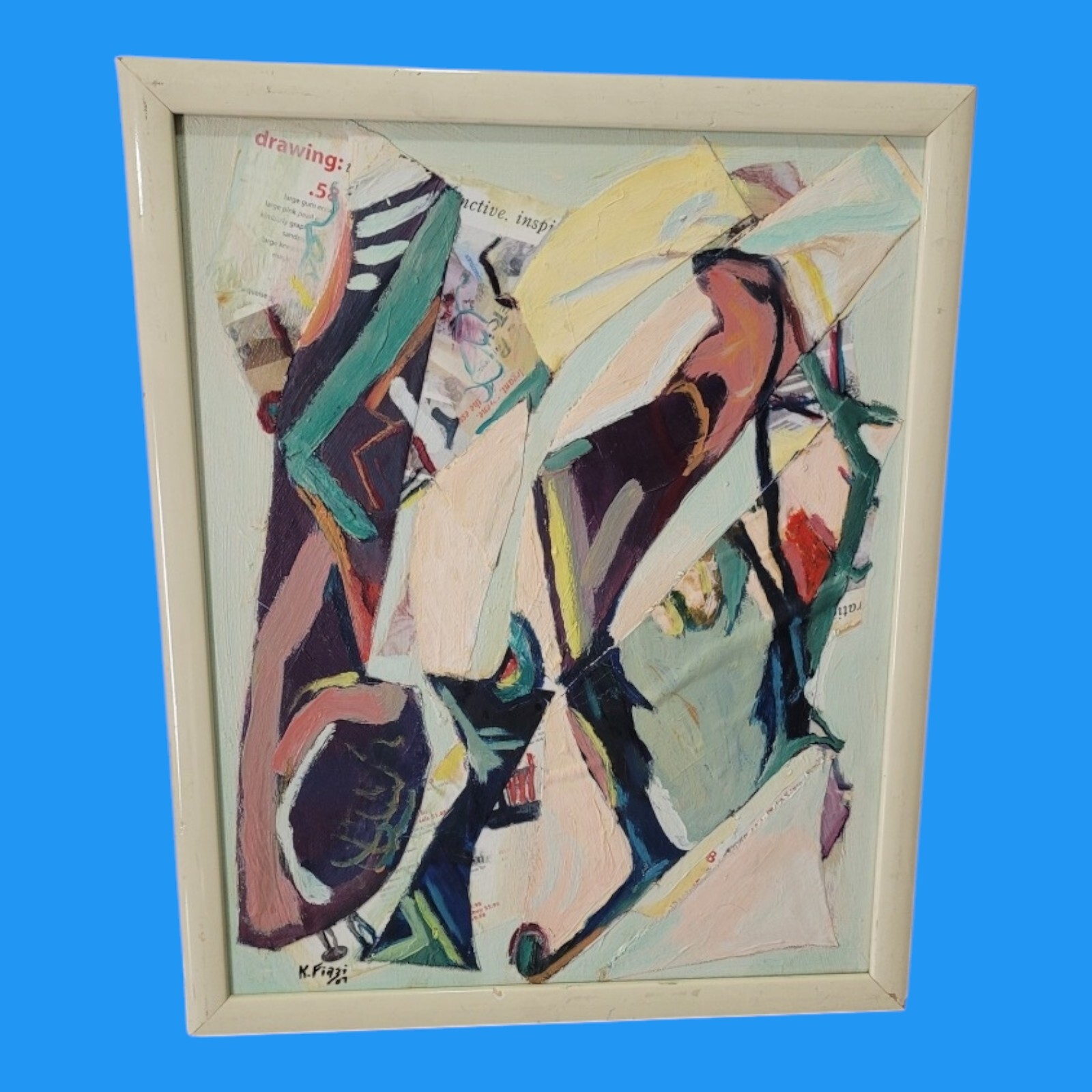 K. FIAZI Painting & Collage On Canvas Signed 22.5″H, W, 17.5″, Original Vintage