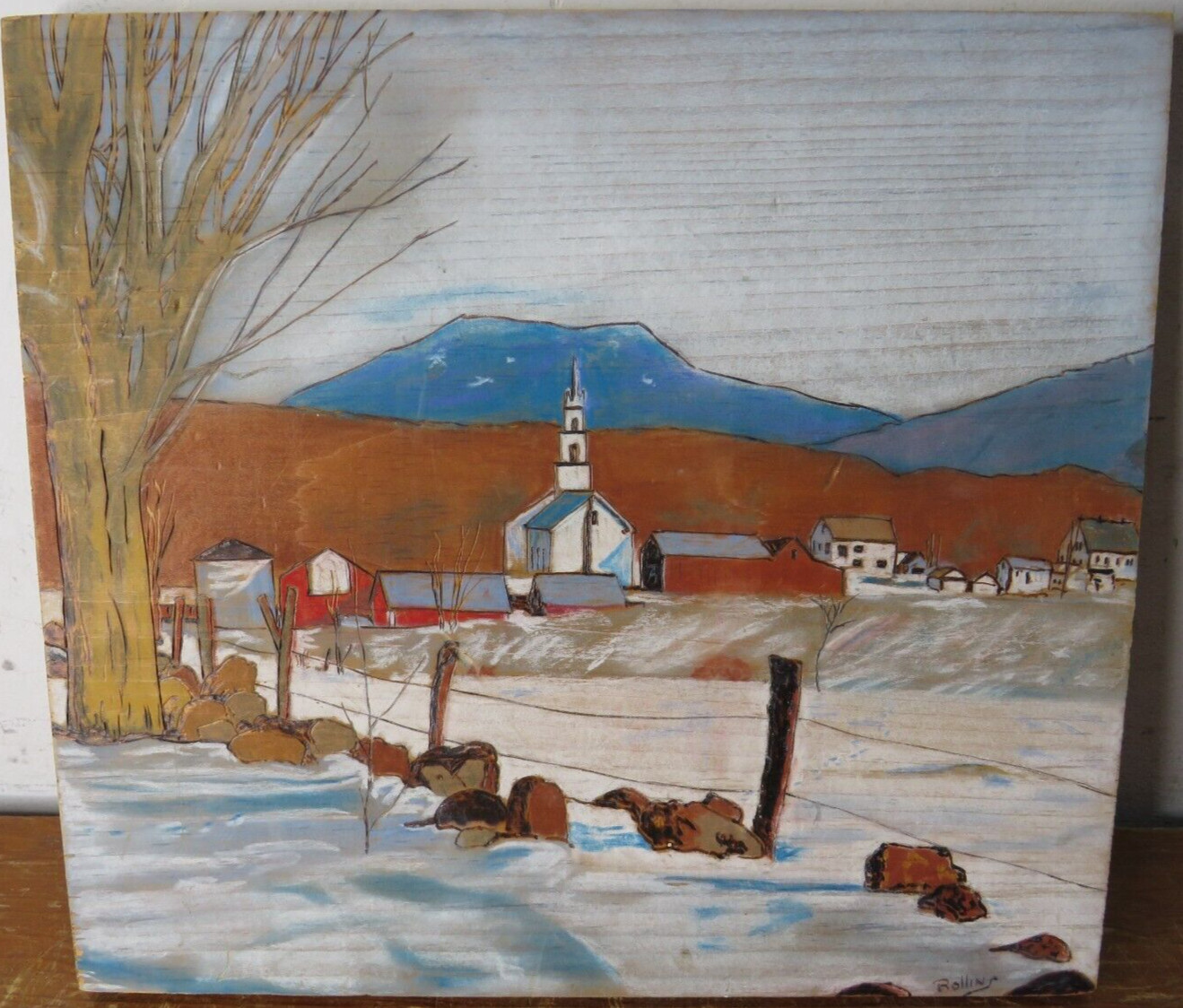 Vintage Town Snow Skyline Wood Painting/Burning/Carving Rollins 12×11 Wall Art