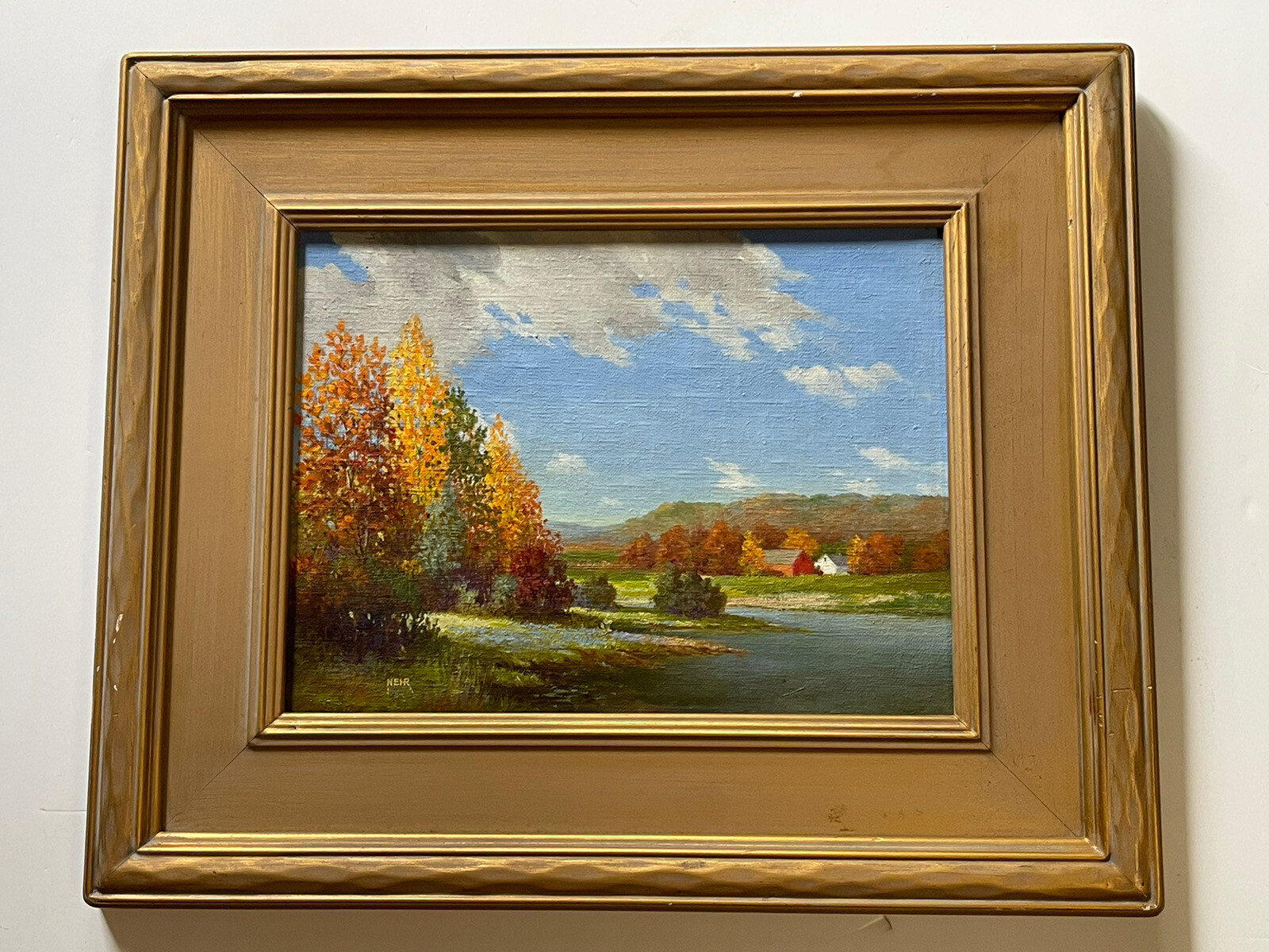 Antique Landscape Painting American Regionalism Plein Air Home With A Stream Old