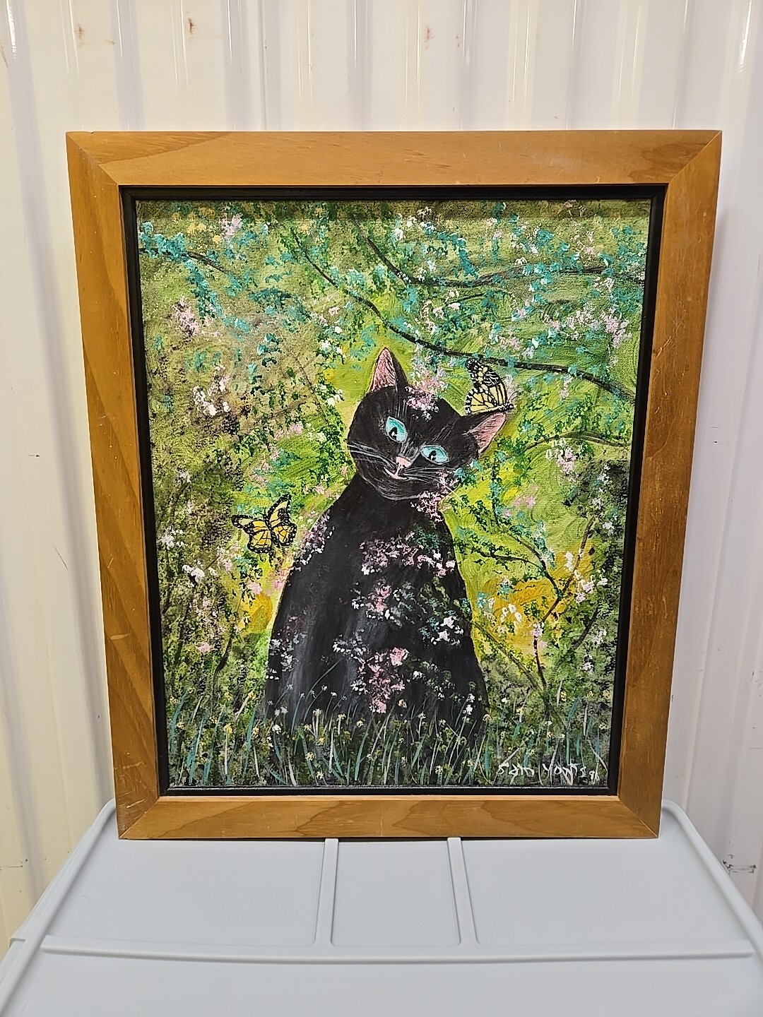 Sam Yonts Cat Painting 1996 Framed 19.5×23 Kitty In Flowers