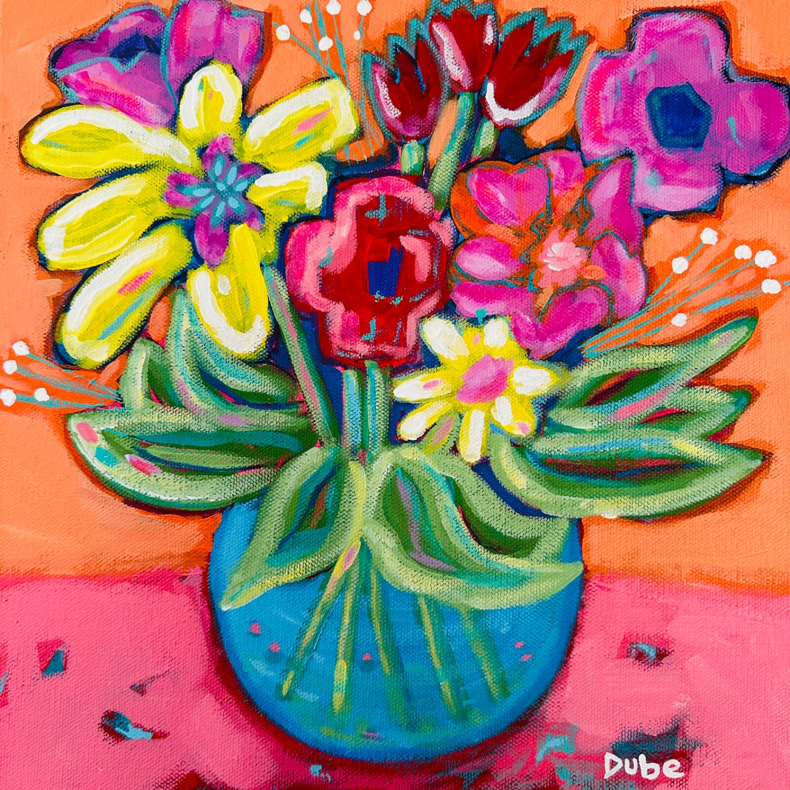 Original Painting Expressionist Flowers Stems Water Vase 12 x 12x 1.5″ JERI DUBE