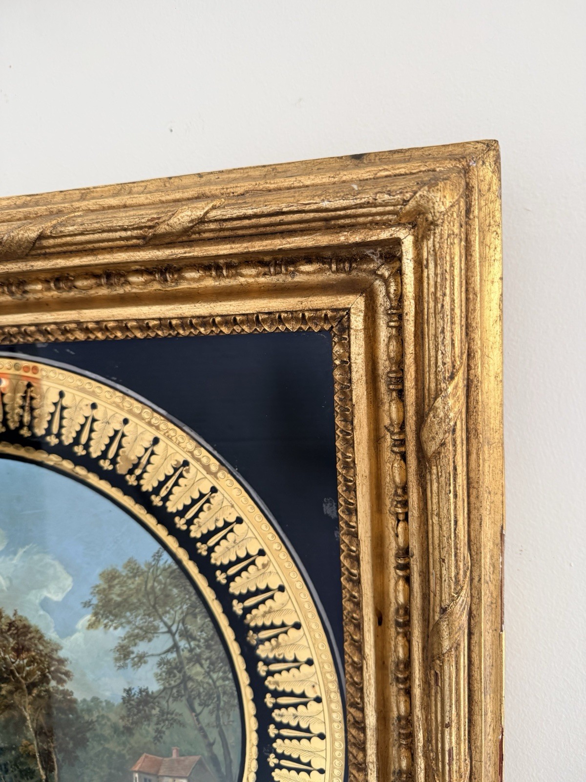 Rare 19th Century Reverse Painted Glass Pastoral Landscape in Giltwood Frame