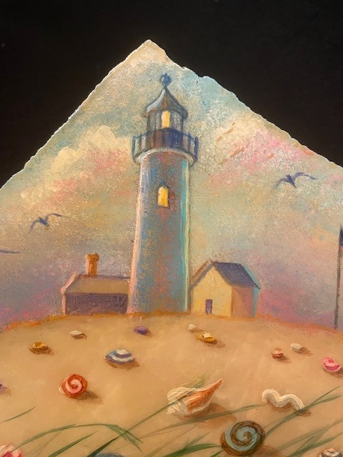 Marcia Abramsohn, Oil on Verdi Marble, Signed Beach Scene Lighthouse 7.5X7.5X1″