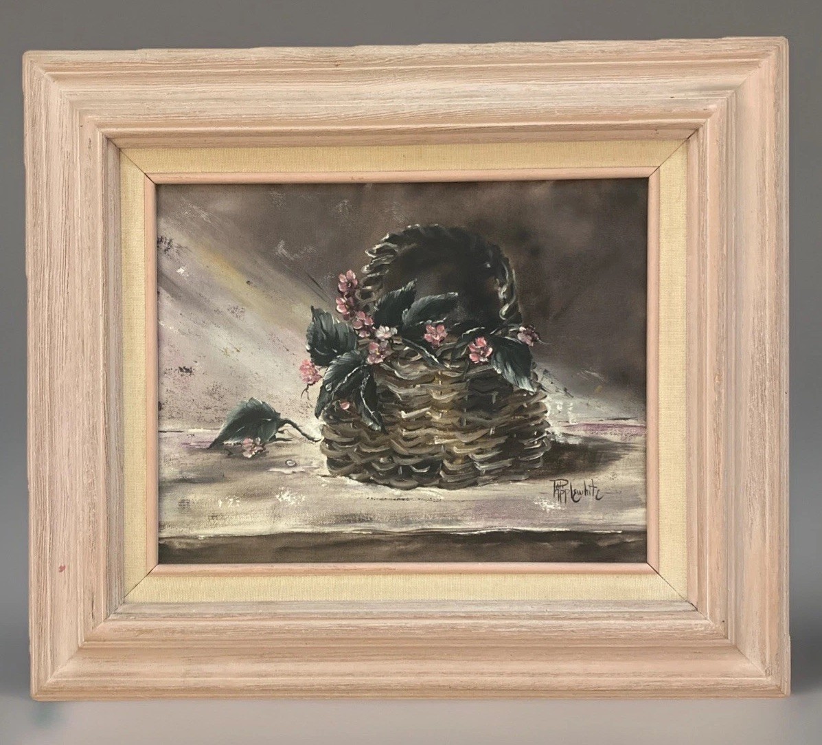Vntg Original Oil Painting Pink Flowers In Basket Lovely Still Life 18” X 21”
