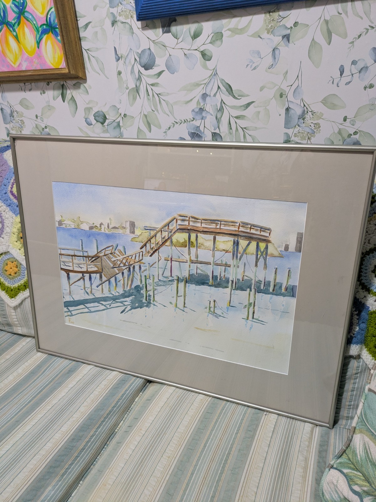 Vintage 20 X 27 Framed Original Dock Wharf Coastal Watercolor Painting *Read*