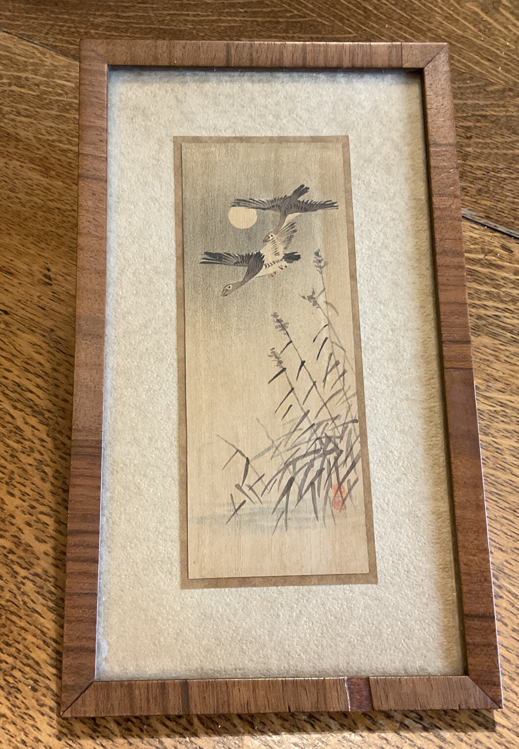 Original Asian Art Framed Signed in Red Kanji – Two Geese 4 3/4″ x 8 1/4″