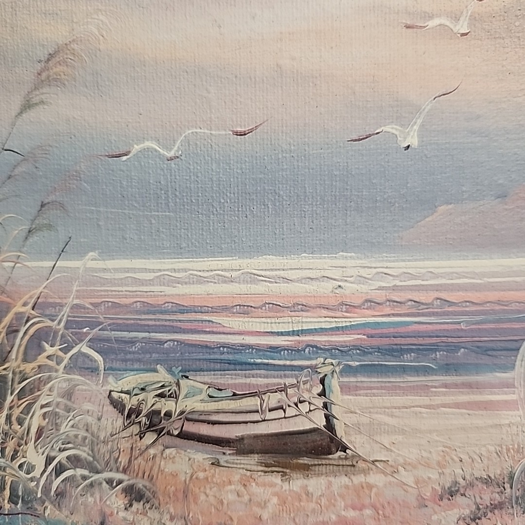 Vintage Original Seascape Painting Signed F Sander 10 In X 8 In Boat On Beach