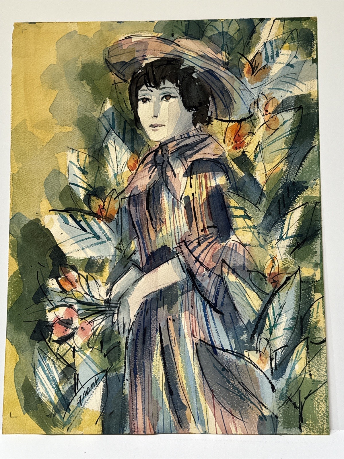 Mid Century Painting Portrait Pretty woman Female Model Floral Flowers Grant