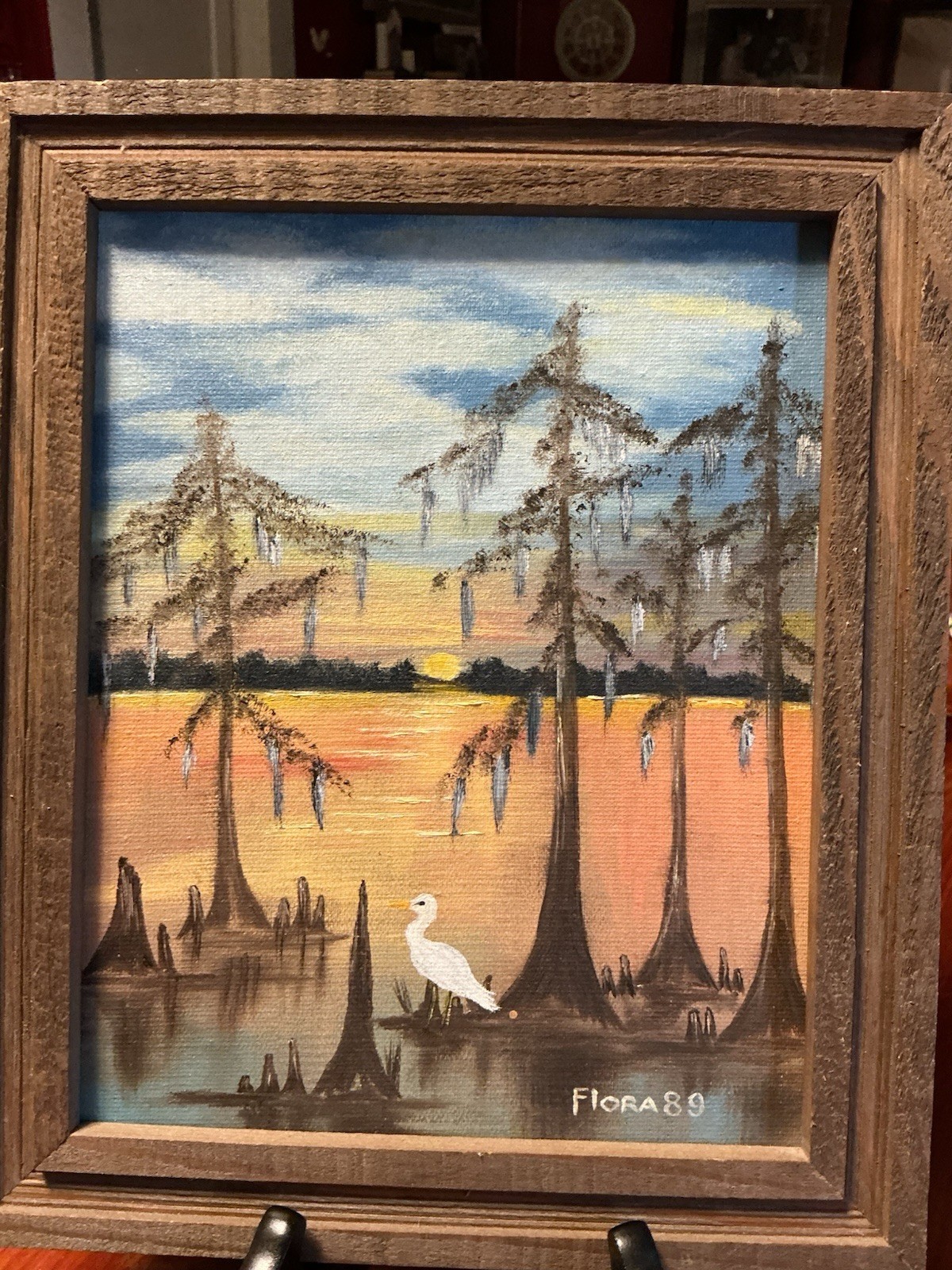 Vtg 8×10 Original Oil Painting Signed Swamp/Marsh/Landscape Rustic Frame