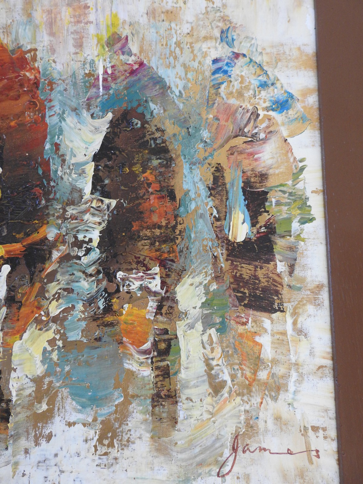 Vintage Mid Century Modern Abstract Painting Palette Knife Oil Horse Racers Sign