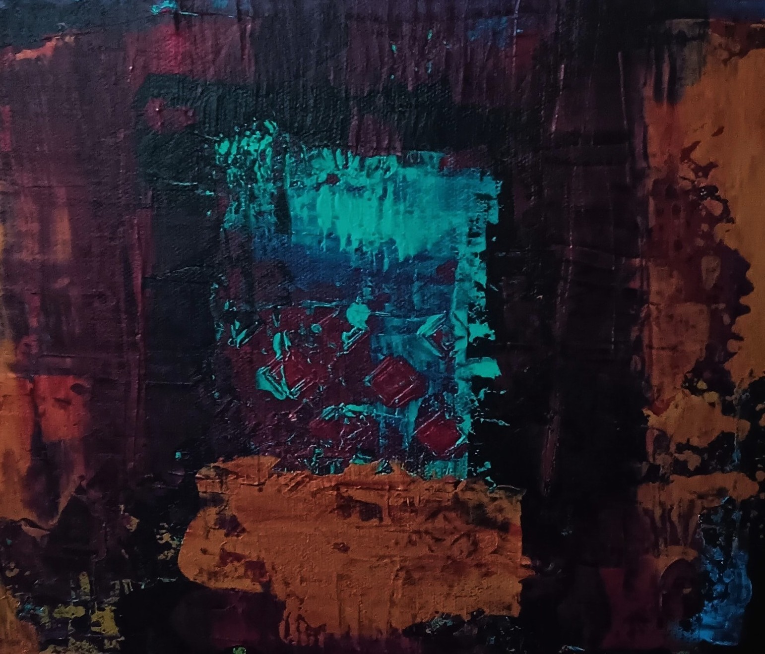 Small abstract original black turquoise blue purple red ochre «Long Night»