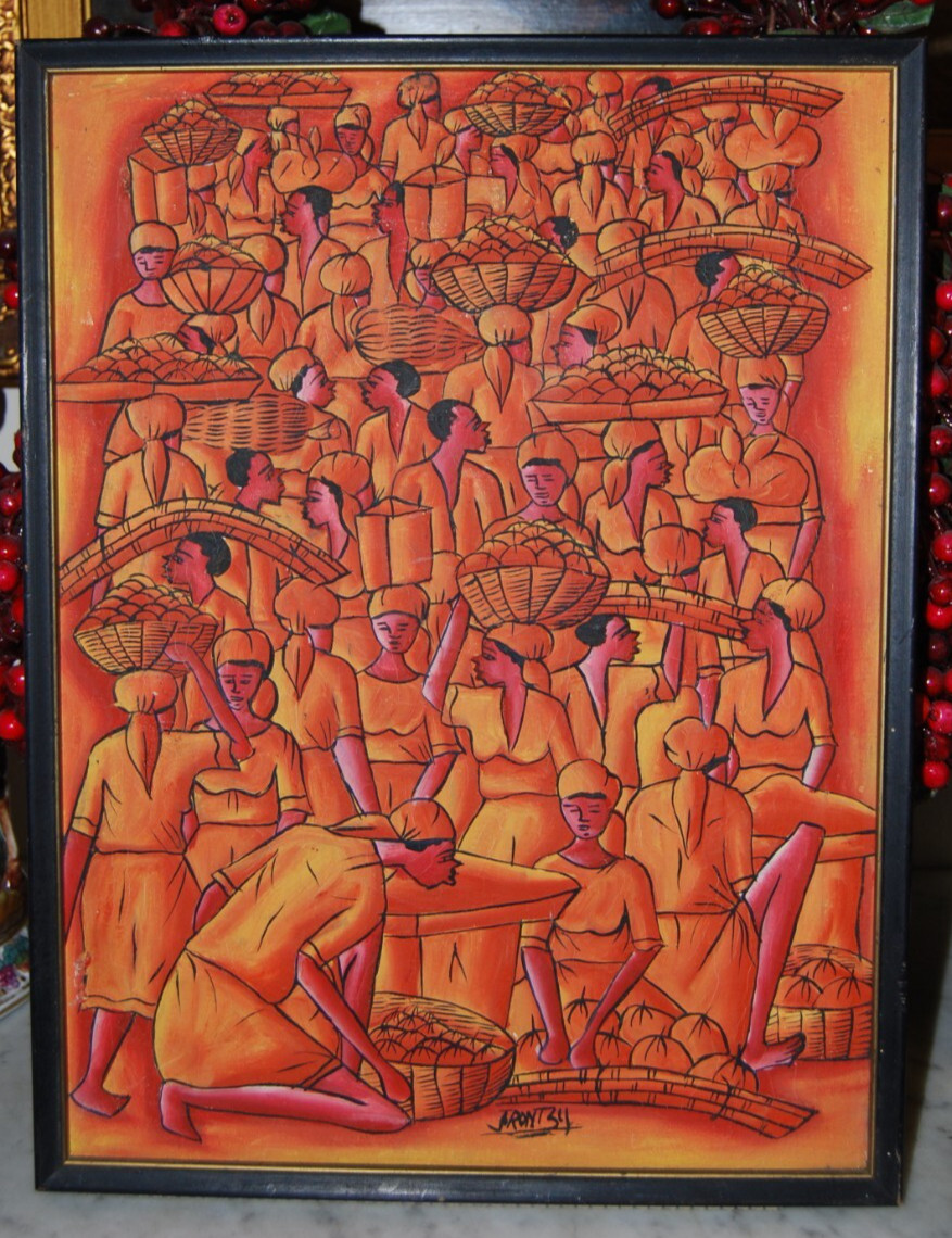 VTG 70’S FRAMED ORIGINAL HAITIAN FOLK ART CROWDED MARKET SCENE ARTIST J FRONT 34
