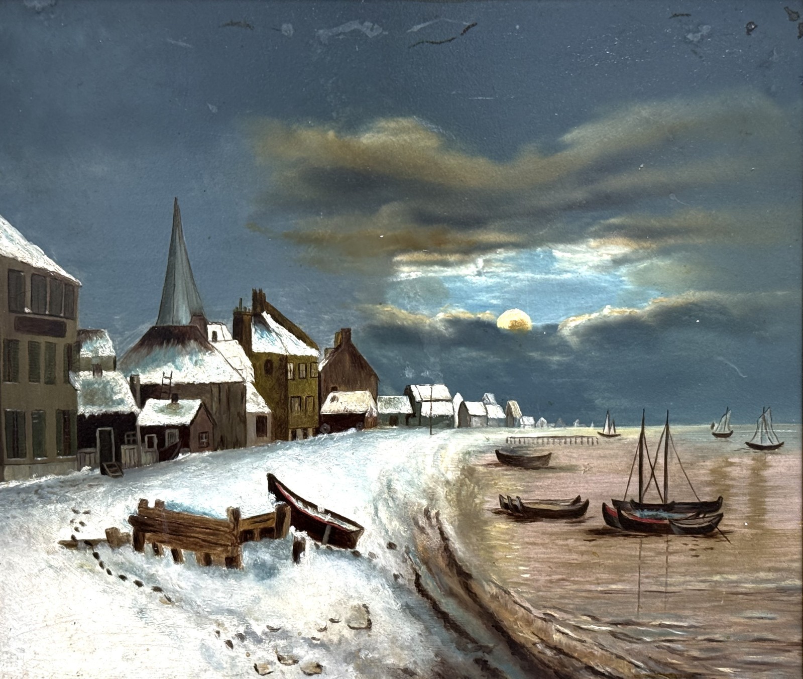 RARE VTG 20th C Dramatic Luminist Oil/Panel Hudson Valley Winter Scene, Framed!