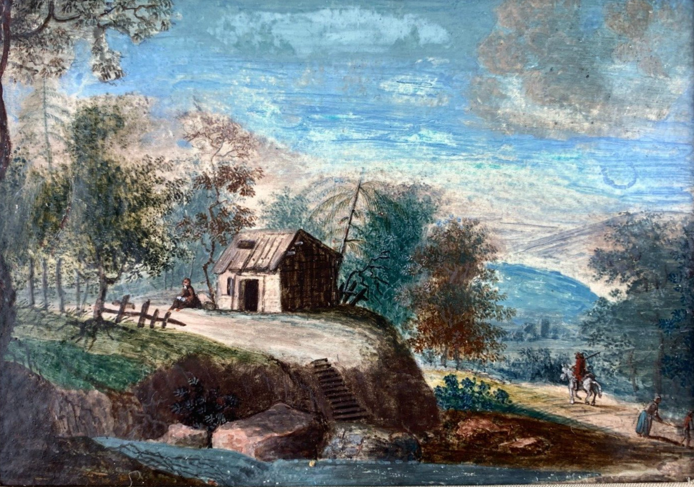 Unsigned Miniature Painting Gouache on Painting Board 18th century riders in the mountains