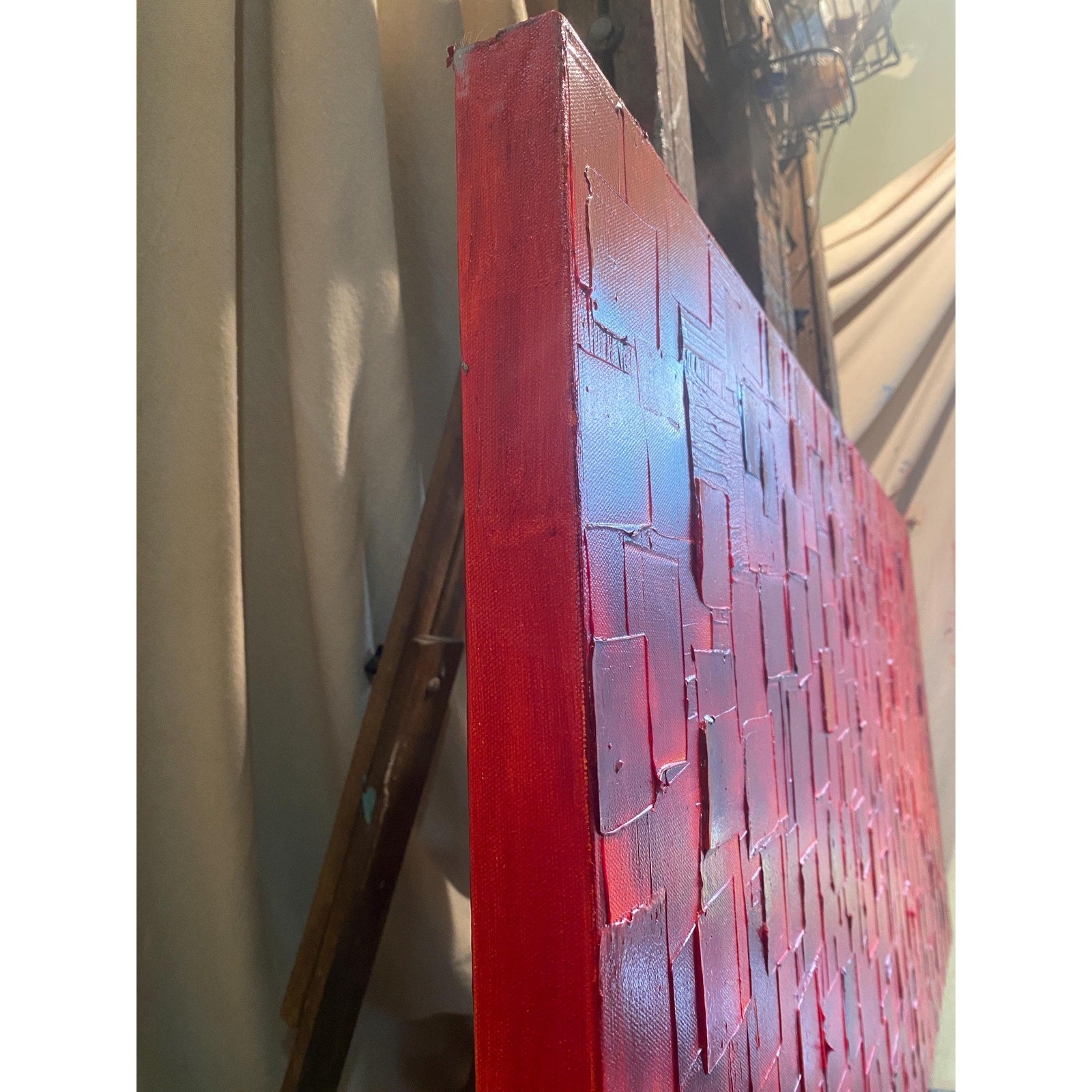 ORIGINAL Large Red Abstract painting, Squares, Geometric Textured Fine Art 48×24